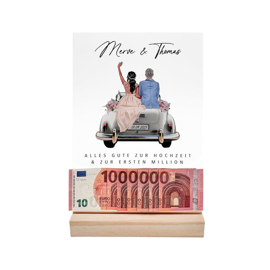 Erste Million Hochzeit Geldgeschenk personalisiert Acrylglas Bild Hochzeitsgeschenk Geld Geschenk für Brautpaar 20x30 cm inkl. Holzfuß