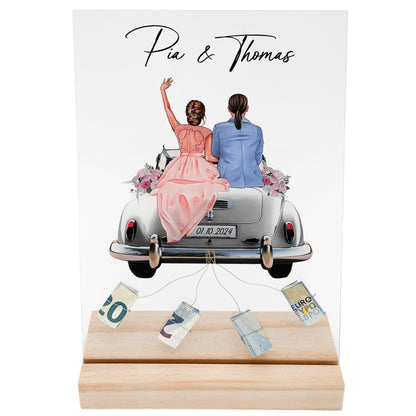 Geldgeschenk Hochzeit personalisiert Acrylglas Bild Hochzeitsgeschenk Geld Geschenk für Brautpaar 20x30 cm inkl. Holzfuß