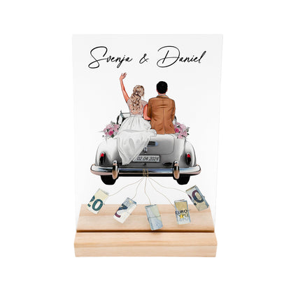 Geldgeschenk Hochzeit personalisiert Acrylglas Bild Hochzeitsgeschenk Geld Geschenk für Brautpaar 20x30 cm inkl. Holzfuß