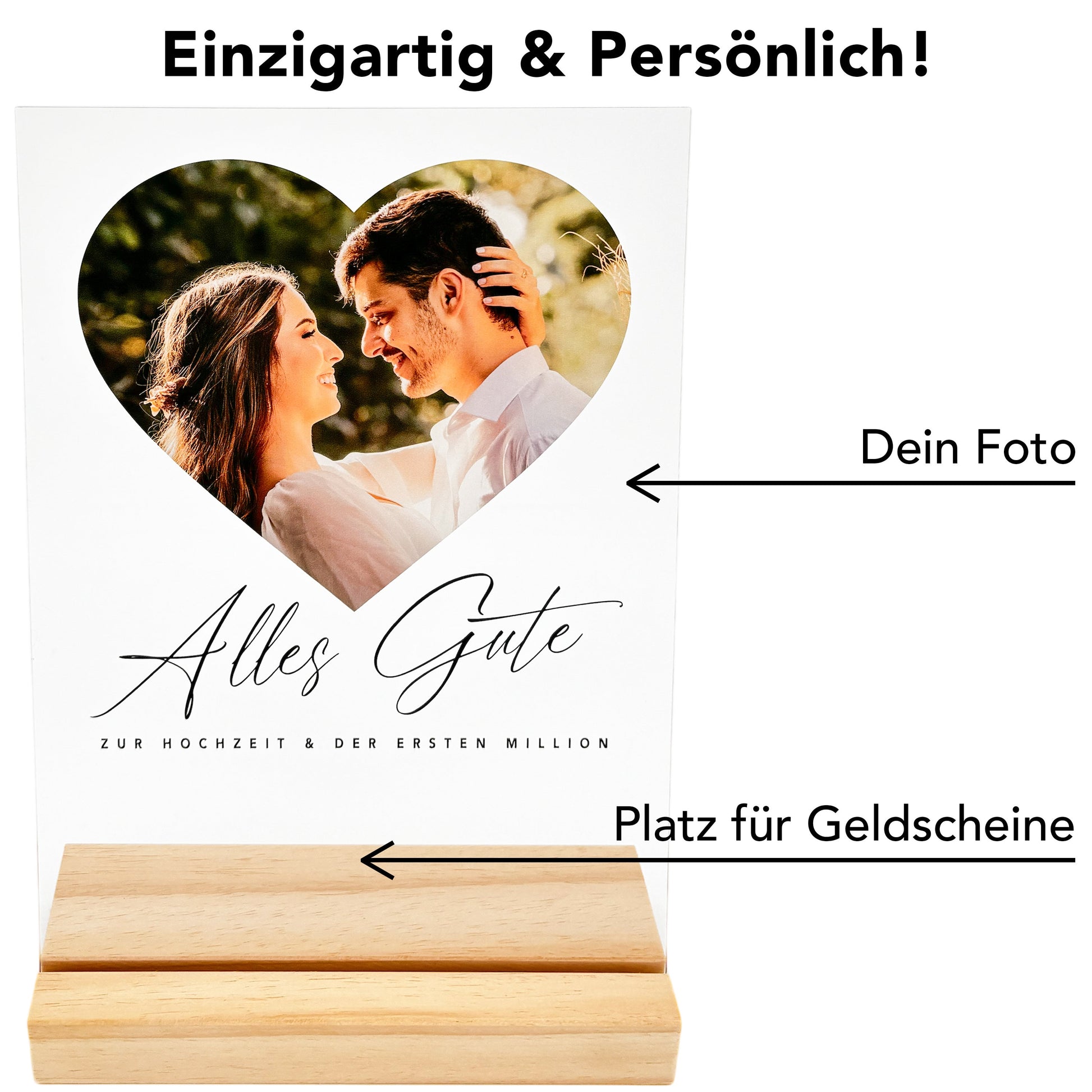 Fotogeschenk Hochzeit Geldgeschenk personalisiert Acrylglas Bild Hochzeitsgeschenk Erste Million Geld Geschenk 20x30 cm inkl. Holzfuß