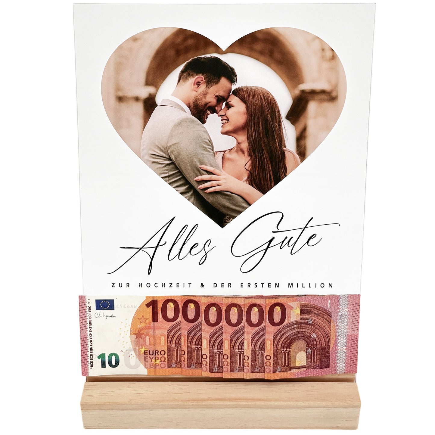 Fotogeschenk Hochzeit Geldgeschenk personalisiert Acrylglas Bild Hochzeitsgeschenk Erste Million Geld Geschenk 20x30 cm inkl. Holzfuß