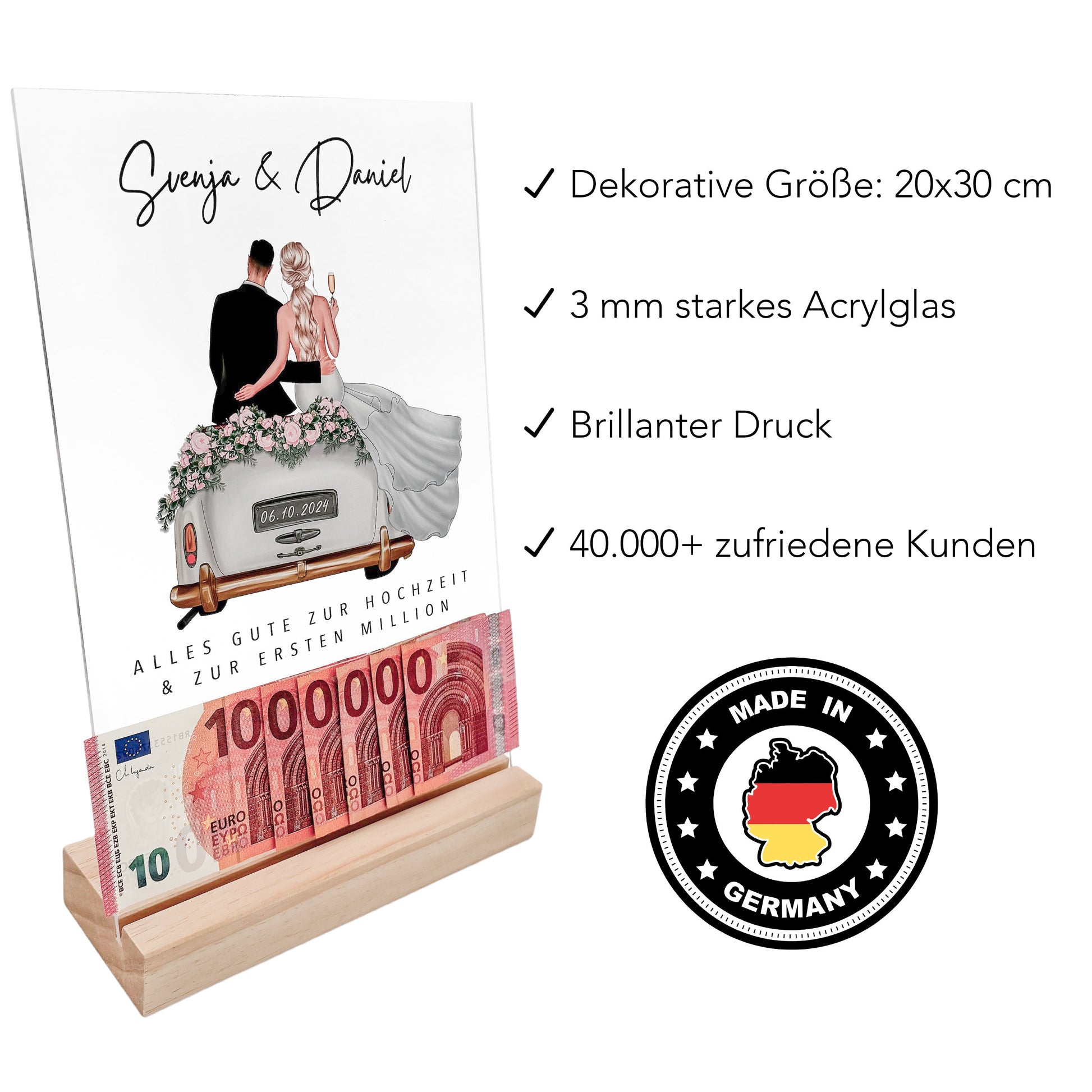 Erste Million Hochzeit Geldgeschenk personalisiert Acrylglas Bild Hochzeitsgeschenk Geld Geschenk für Brautpaar 20x30 cm inkl. Holzfuß