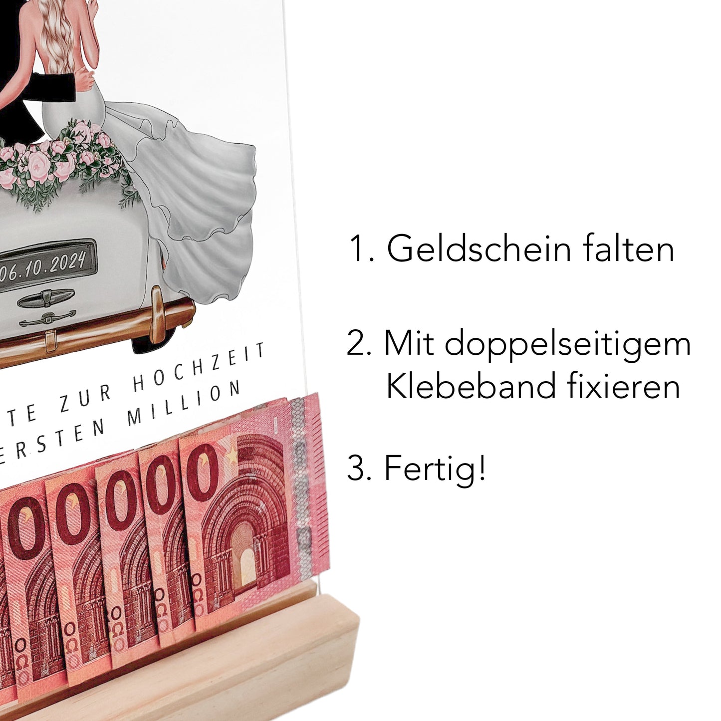 Erste Million Hochzeit Geldgeschenk personalisiert Acrylglas Bild Hochzeitsgeschenk Geld Geschenk für Brautpaar 20x30 cm inkl. Holzfuß