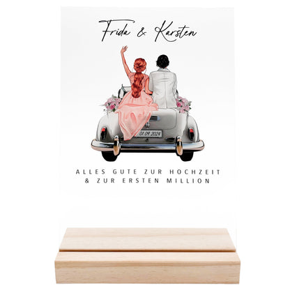 Erste Million Hochzeit Geldgeschenk personalisiert Acrylglas Bild Hochzeitsgeschenk Geld Geschenk für Brautpaar 20x30 cm inkl. Holzfuß