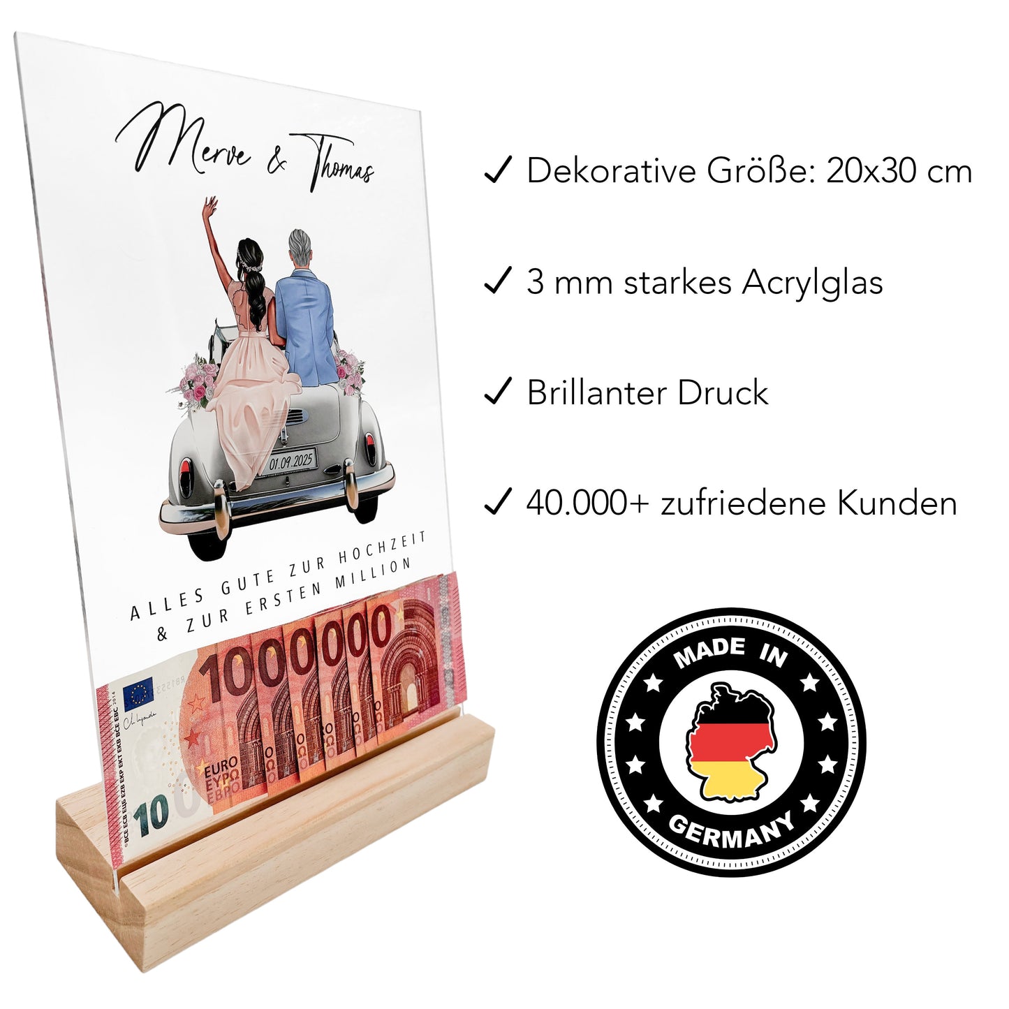 Erste Million Hochzeit Geldgeschenk personalisiert Acrylglas Bild Hochzeitsgeschenk Geld Geschenk für Brautpaar 20x30 cm inkl. Holzfuß