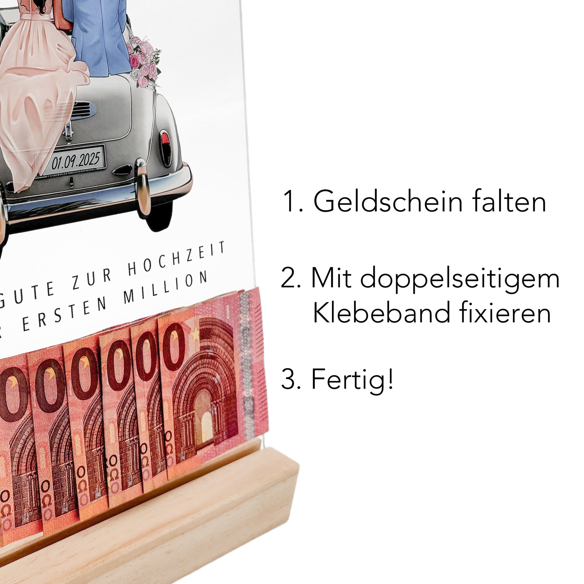 Erste Million Hochzeit Geldgeschenk personalisiert Acrylglas Bild Hochzeitsgeschenk Geld Geschenk für Brautpaar 20x30 cm inkl. Holzfuß