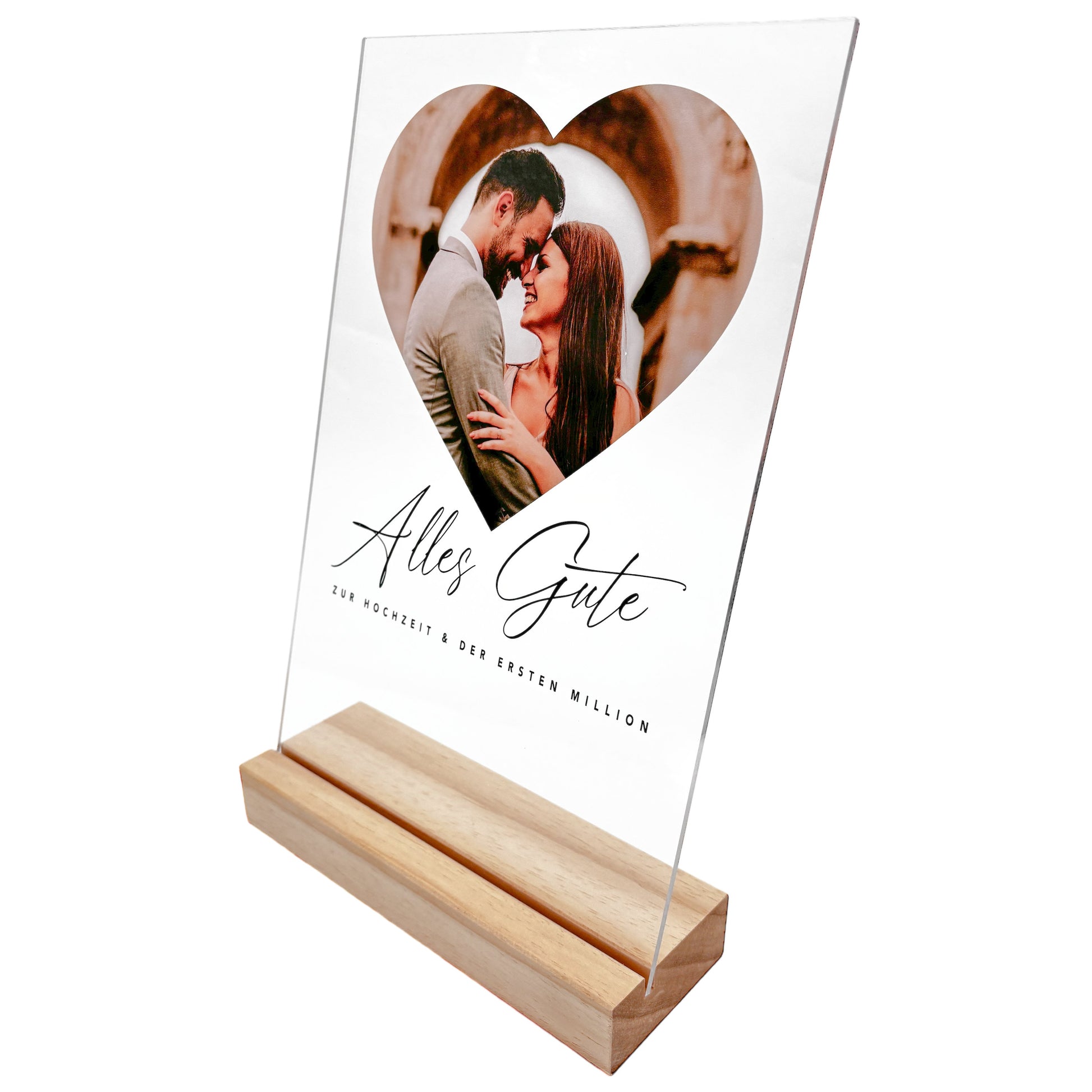 Fotogeschenk Hochzeit Geldgeschenk personalisiert Acrylglas Bild Hochzeitsgeschenk Erste Million Geld Geschenk 20x30 cm inkl. Holzfuß