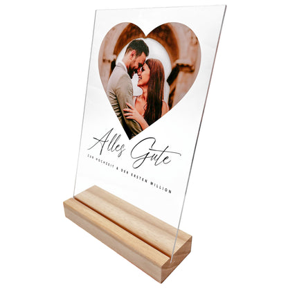 Fotogeschenk Hochzeit Geldgeschenk personalisiert Acrylglas Bild Hochzeitsgeschenk Erste Million Geld Geschenk 20x30 cm inkl. Holzfuß