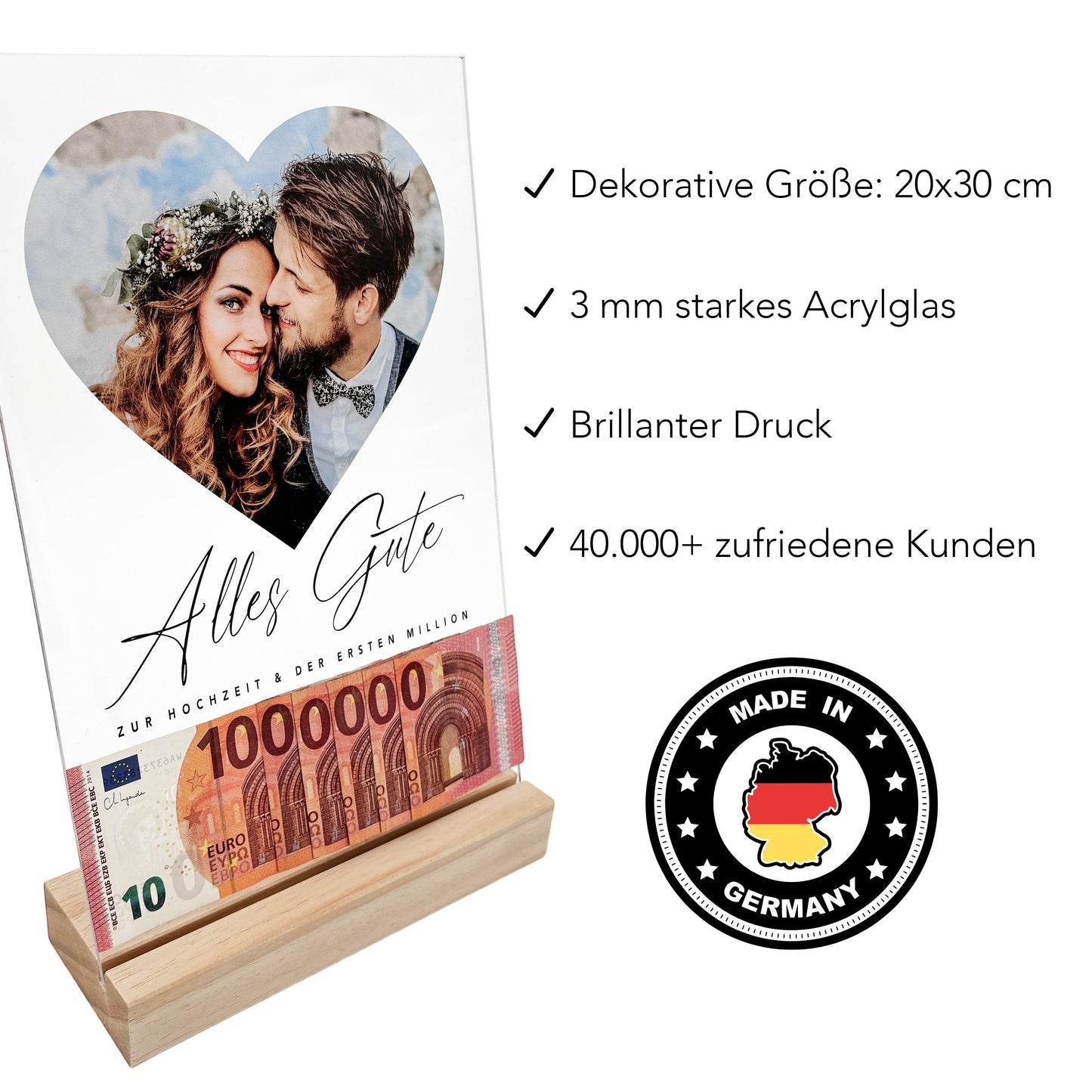 Fotogeschenk Hochzeit Geldgeschenk personalisiert Acrylglas Bild Hochzeitsgeschenk Erste Million Geld Geschenk 20x30 cm inkl. Holzfuß
