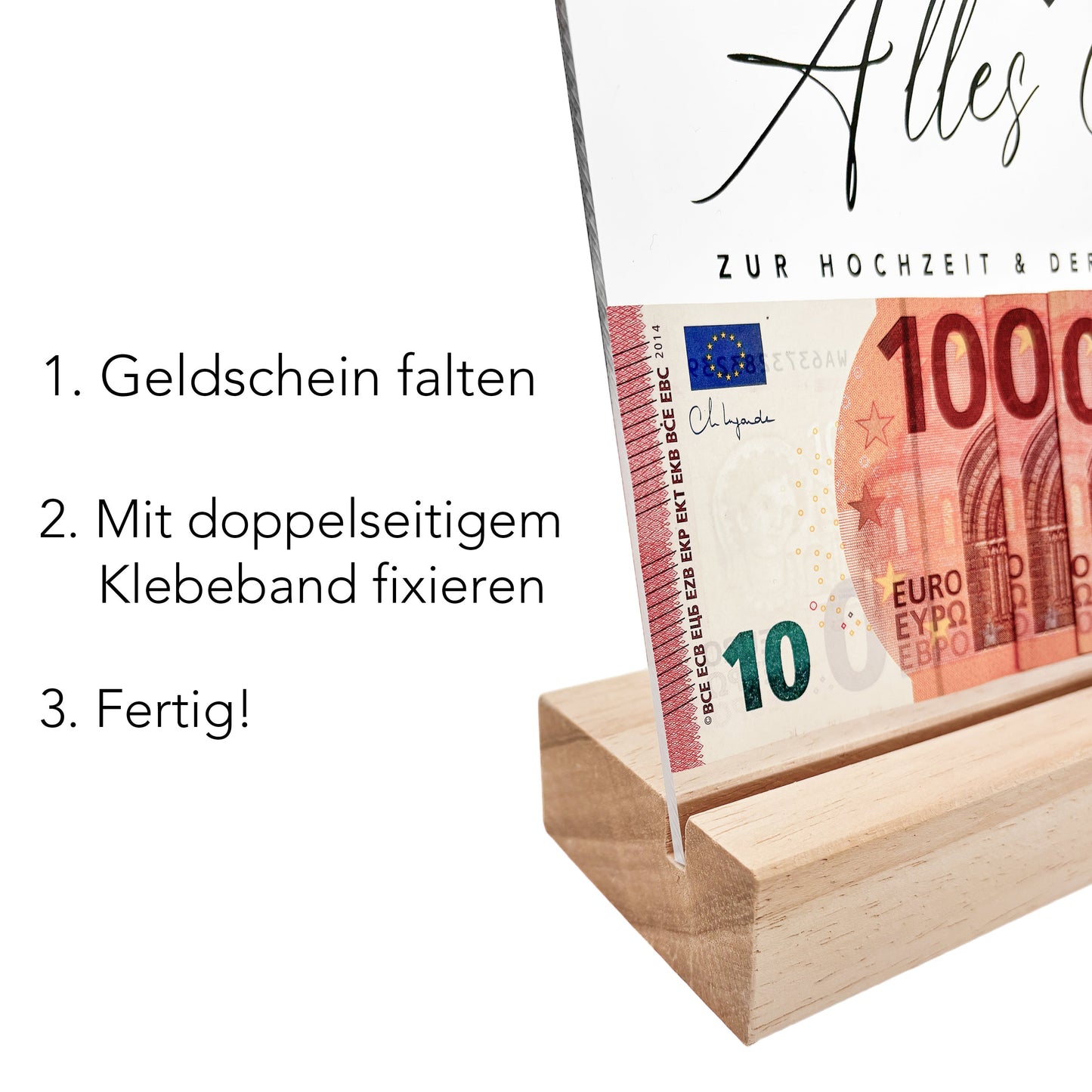 Fotogeschenk Hochzeit Geldgeschenk personalisiert Acrylglas Bild Hochzeitsgeschenk Erste Million Geld Geschenk 20x30 cm inkl. Holzfuß