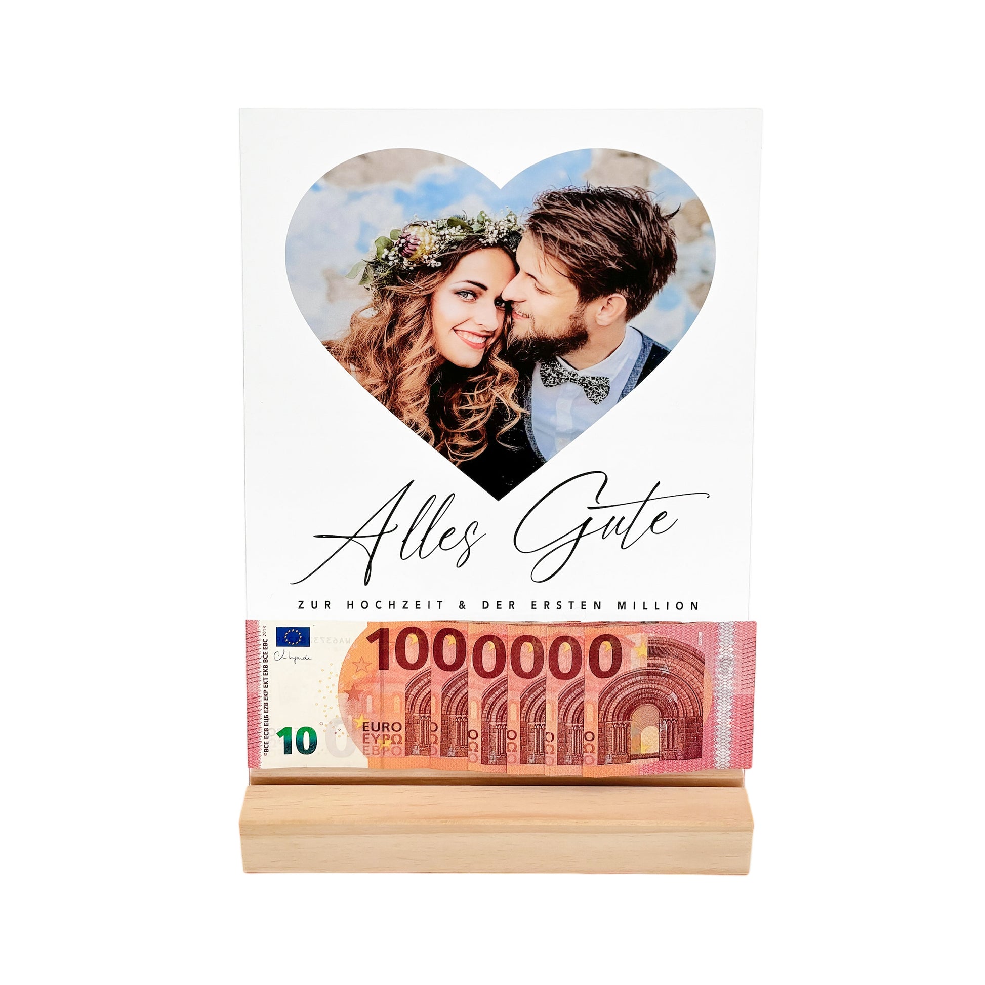 Fotogeschenk Hochzeit Geldgeschenk personalisiert Acrylglas Bild Hochzeitsgeschenk Erste Million Geld Geschenk 20x30 cm inkl. Holzfuß