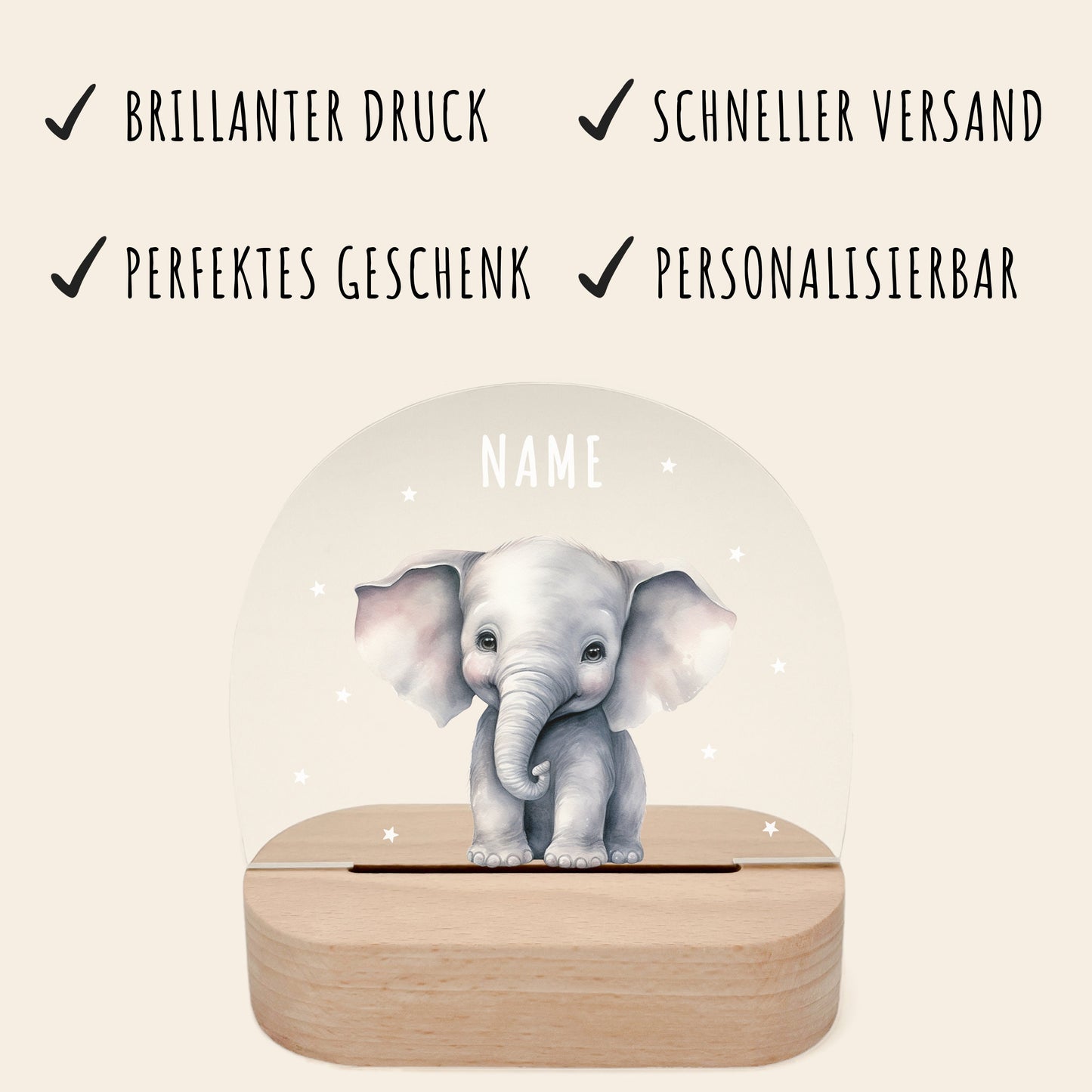 Nachtlicht personalisiert für Kinder & Baby Elefant Babyzimmer Deko Kinderzimmer Nachtlampe Mädchen Jungen Inkl. Holzfuß und Netzteil