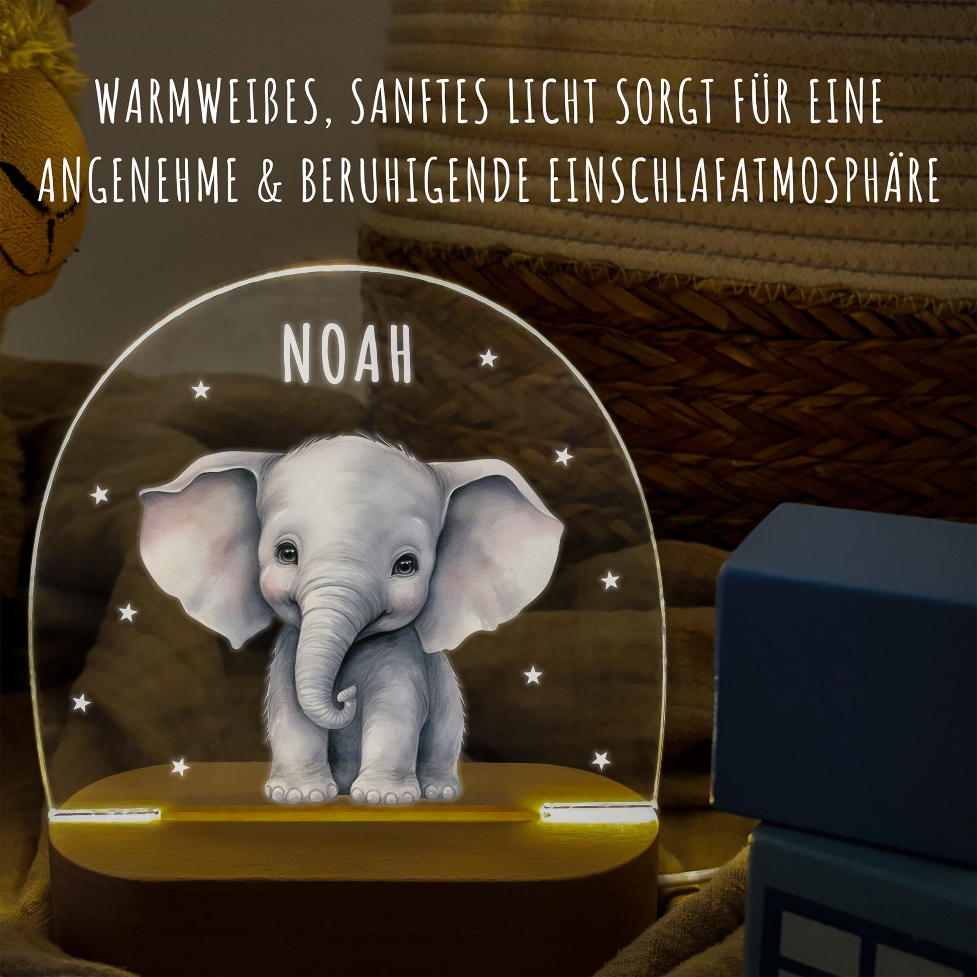 Nachtlicht personalisiert für Kinder & Baby Elefant Babyzimmer Deko Kinderzimmer Nachtlampe Mädchen Jungen Inkl. Holzfuß und Netzteil