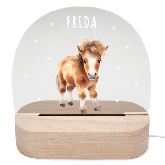 Nachtlicht personalisiert für Kinder & Baby Pferd Babyzimmer Deko Kinderzimmer Nachtlampe Mädchen Jungen Inkl. Holzfuß und Netzteil