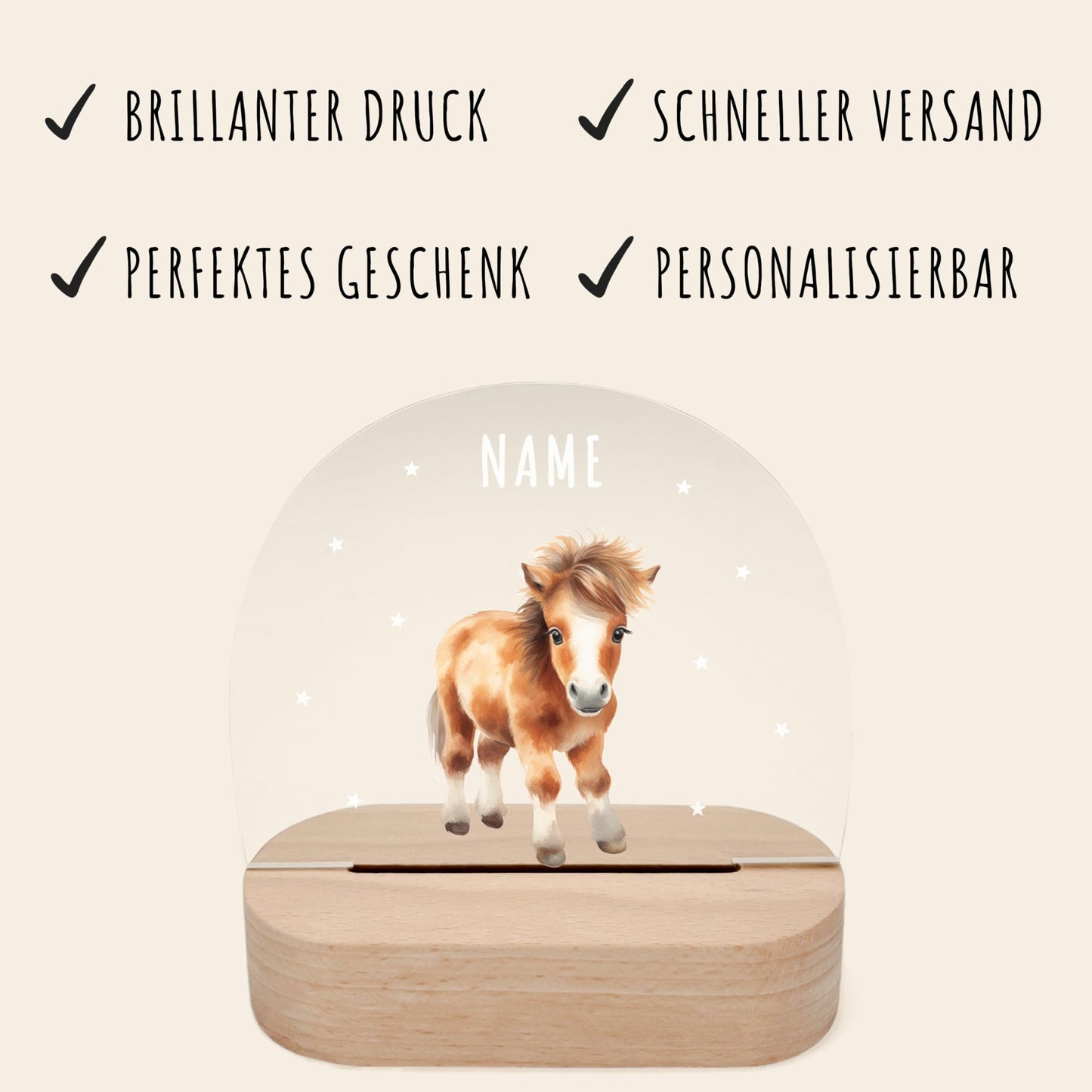 Nachtlicht personalisiert für Kinder & Baby Pferd Babyzimmer Deko Kinderzimmer Nachtlampe Mädchen Jungen Inkl. Holzfuß und Netzteil