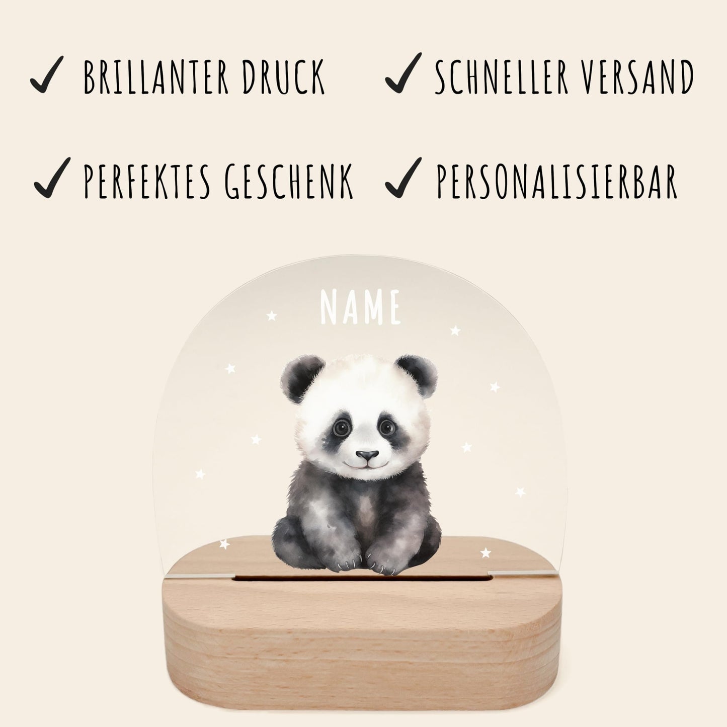 Nachtlicht personalisiert für Kinder & Baby Panda Babyzimmer Deko Kinderzimmer Nachtlampe Mädchen Jungen Inkl. Holzfuß und Netzteil