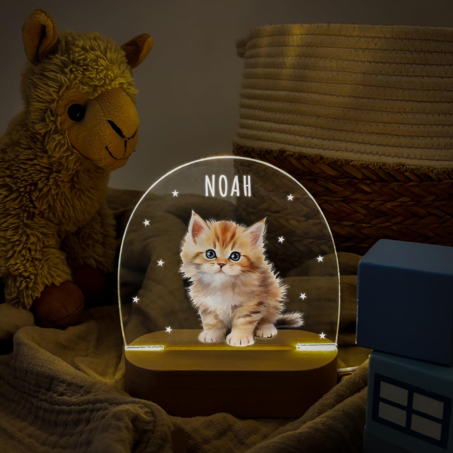 Nachtlicht personalisiert für Kinder & Baby Katze Babyzimmer Deko Kinderzimmer Nachtlampe Mädchen Jungen Inkl. Holzfuß und Netzteil