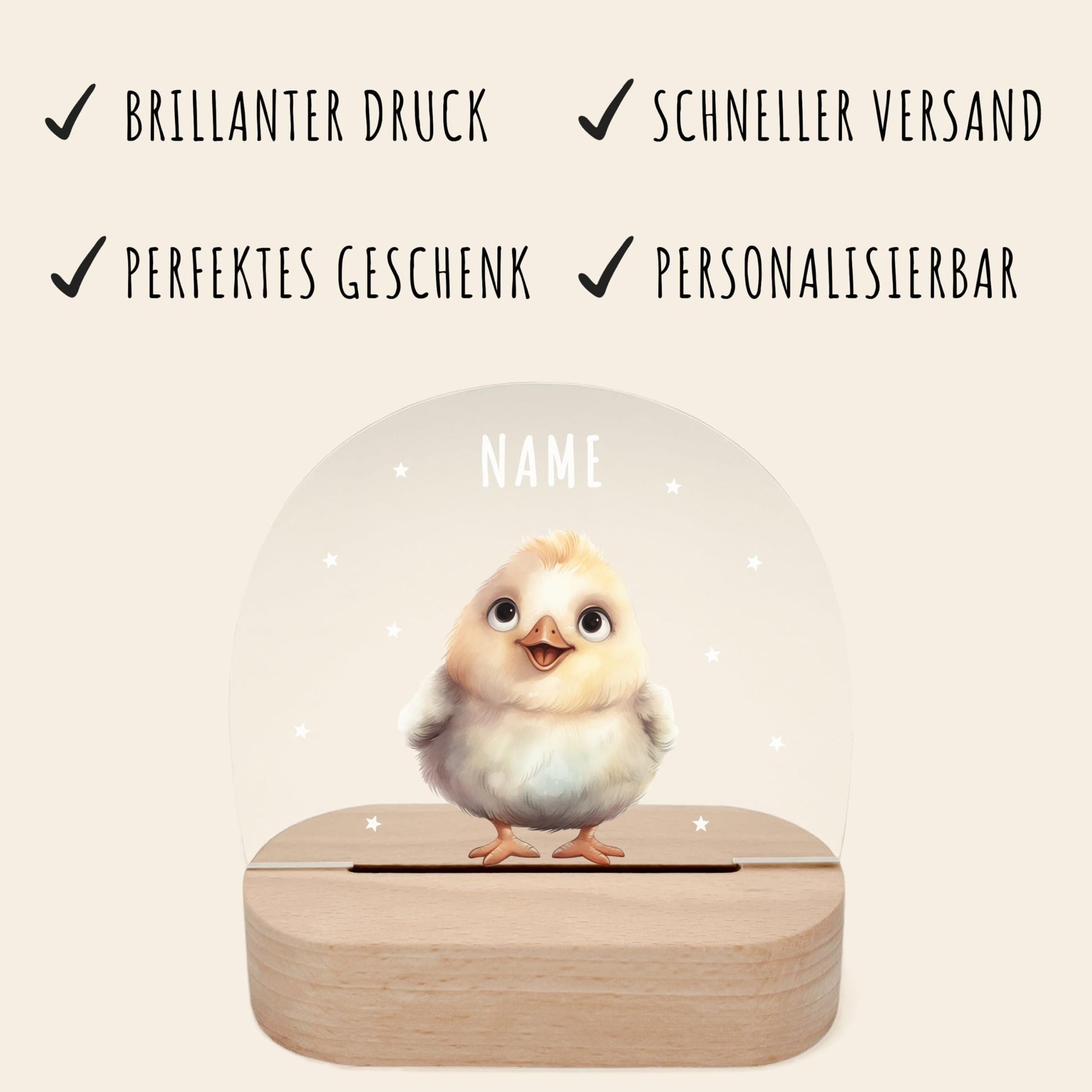 Nachtlicht personalisiert für Kinder & Baby Huhn Babyzimmer Deko Kinderzimmer Nachtlampe Mädchen Jungen Inkl. Holzfuß und Netzteil