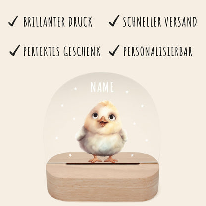 Nachtlicht personalisiert für Kinder & Baby Huhn Babyzimmer Deko Kinderzimmer Nachtlampe Mädchen Jungen Inkl. Holzfuß und Netzteil