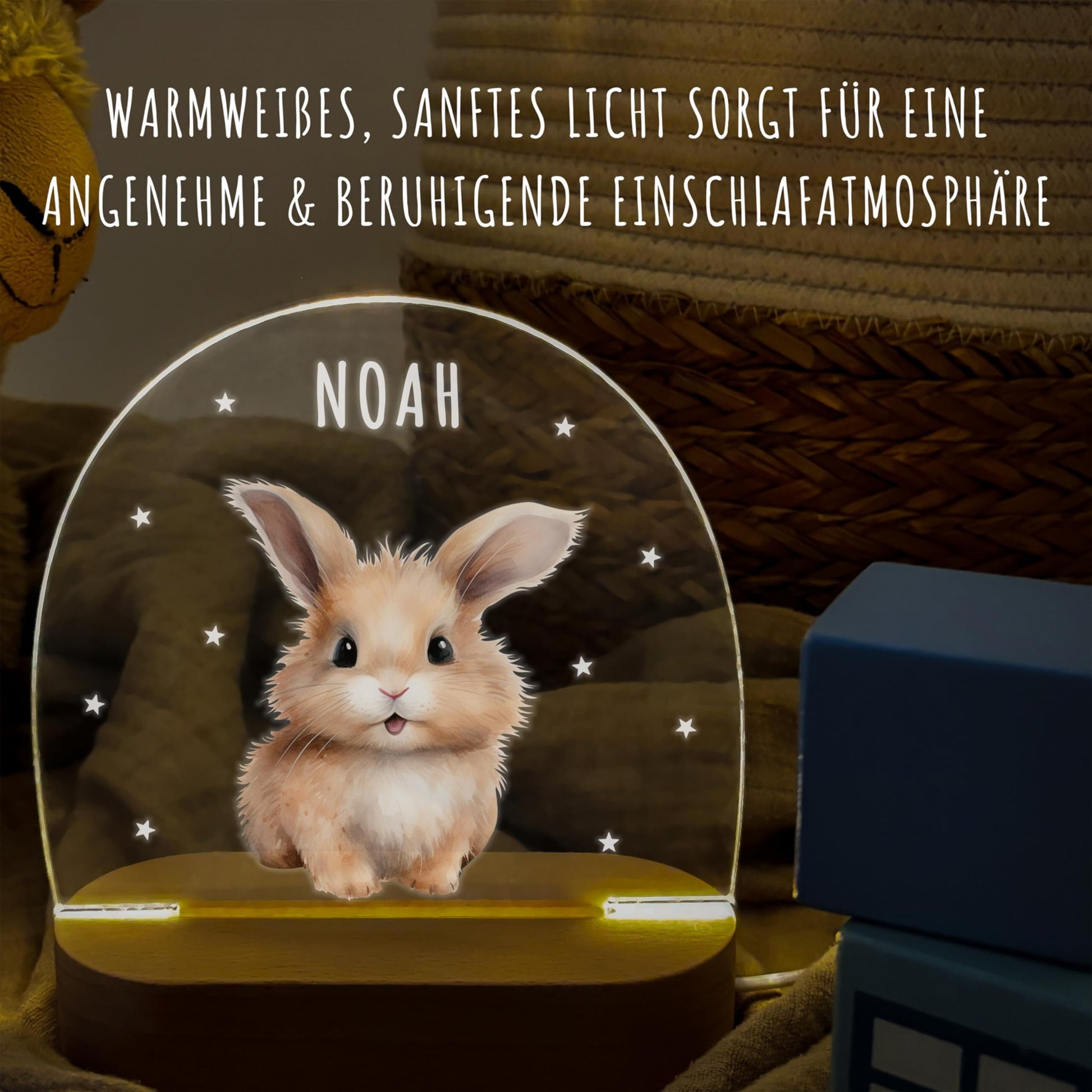 Nachtlicht personalisiert für Kinder & Baby Hase Babyzimmer Deko Kinderzimmer Nachtlampe Mädchen Jungen Inkl. Holzfuß und Netzteil