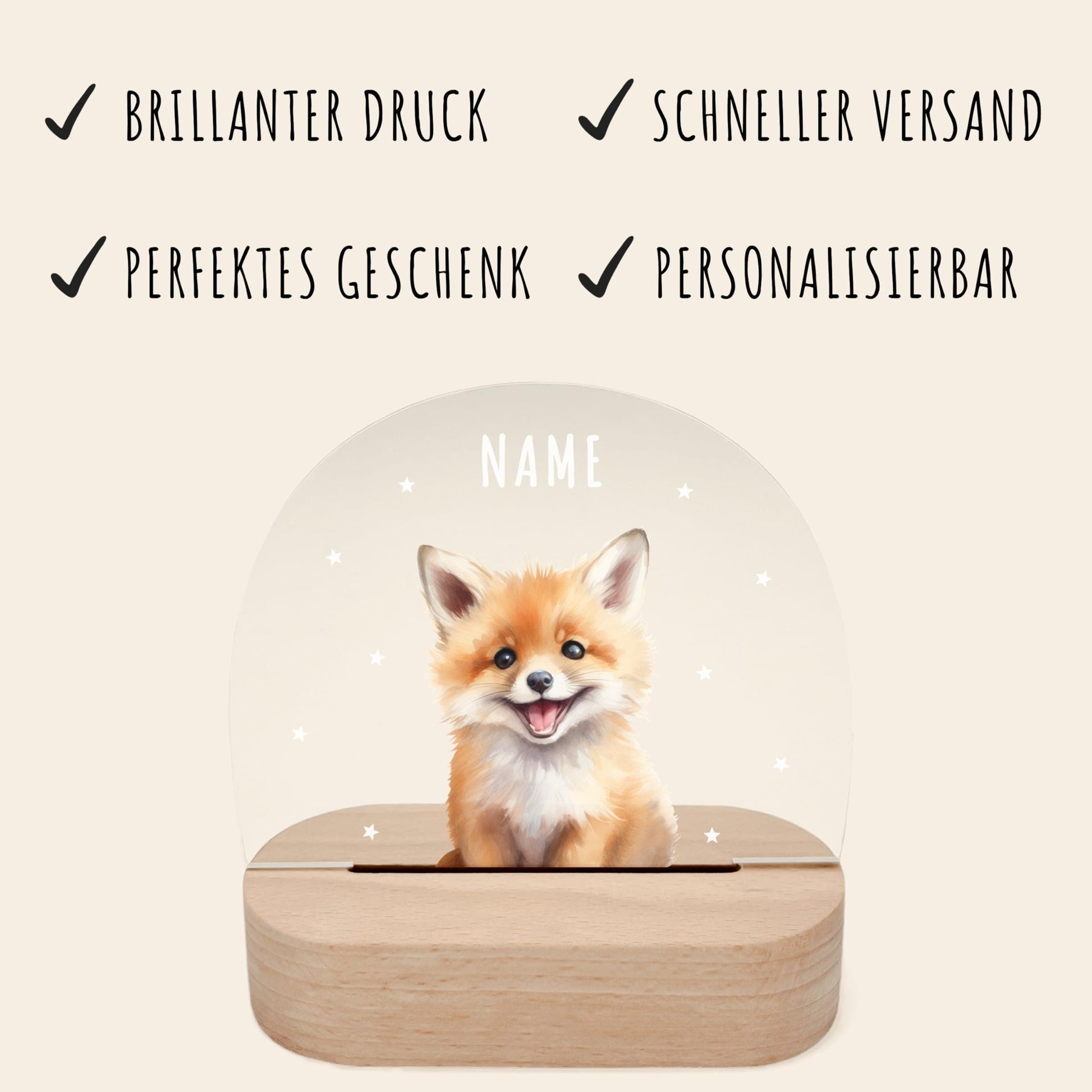 Nachtlicht personalisiert für Kinder & Baby Fuchs Babyzimmer Deko Kinderzimmer Nachtlampe Mädchen Jungen Inkl. Holzfuß und Netzteil