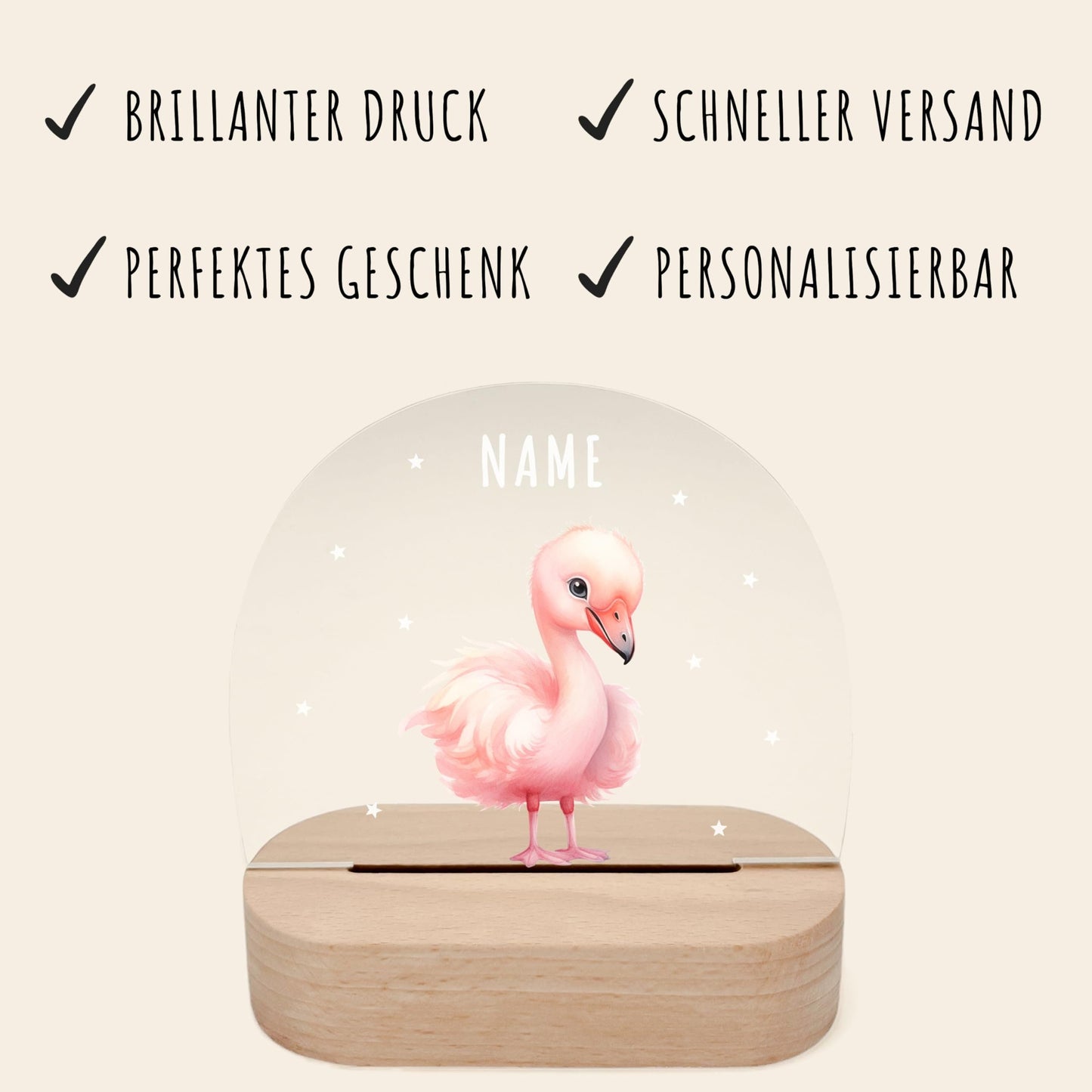 Nachtlicht personalisiert für Kinder & Baby Flamingo Babyzimmer Deko Kinderzimmer Nachtlampe Mädchen Jungen Inkl. Holzfuß und Netzteil