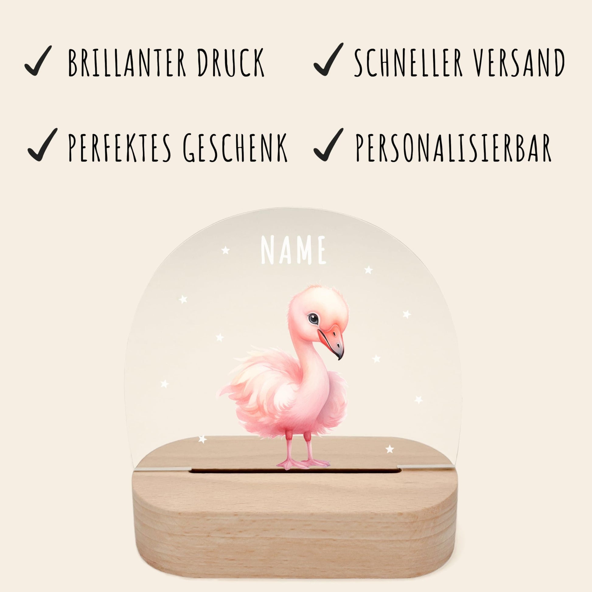 Nachtlicht personalisiert für Kinder & Baby Flamingo Babyzimmer Deko Kinderzimmer Nachtlampe Mädchen Jungen Inkl. Holzfuß und Netzteil