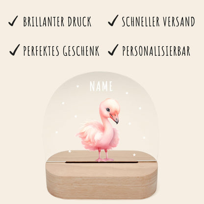 Nachtlicht personalisiert für Kinder & Baby Flamingo Babyzimmer Deko Kinderzimmer Nachtlampe Mädchen Jungen Inkl. Holzfuß und Netzteil