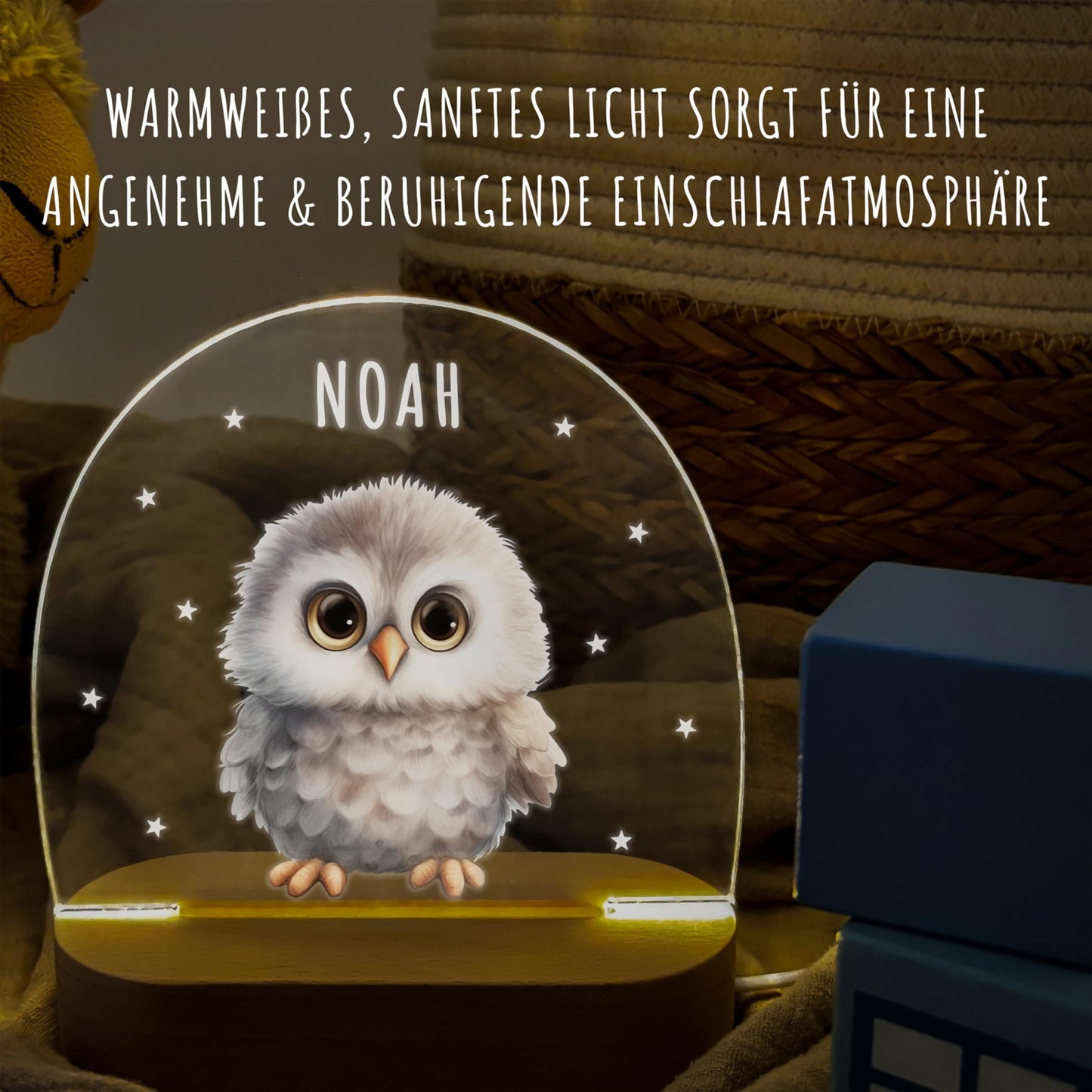 Nachtlicht personalisiert für Kinder & Baby Eule Babyzimmer Deko Kinderzimmer Nachtlampe Mädchen Jungen Inkl. Holzfuß und Netzteil