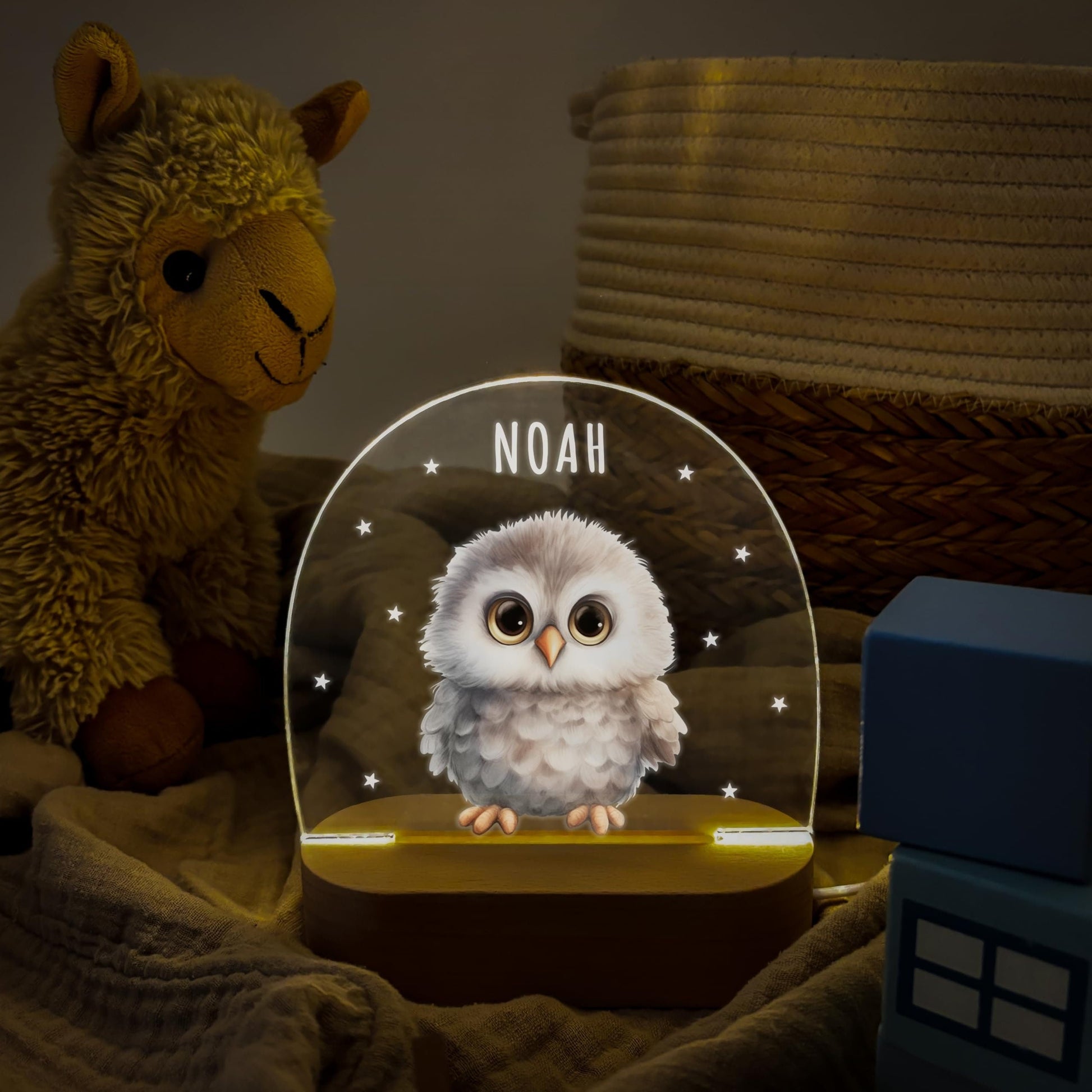 Nachtlicht personalisiert für Kinder & Baby Eule Babyzimmer Deko Kinderzimmer Nachtlampe Mädchen Jungen Inkl. Holzfuß und Netzteil