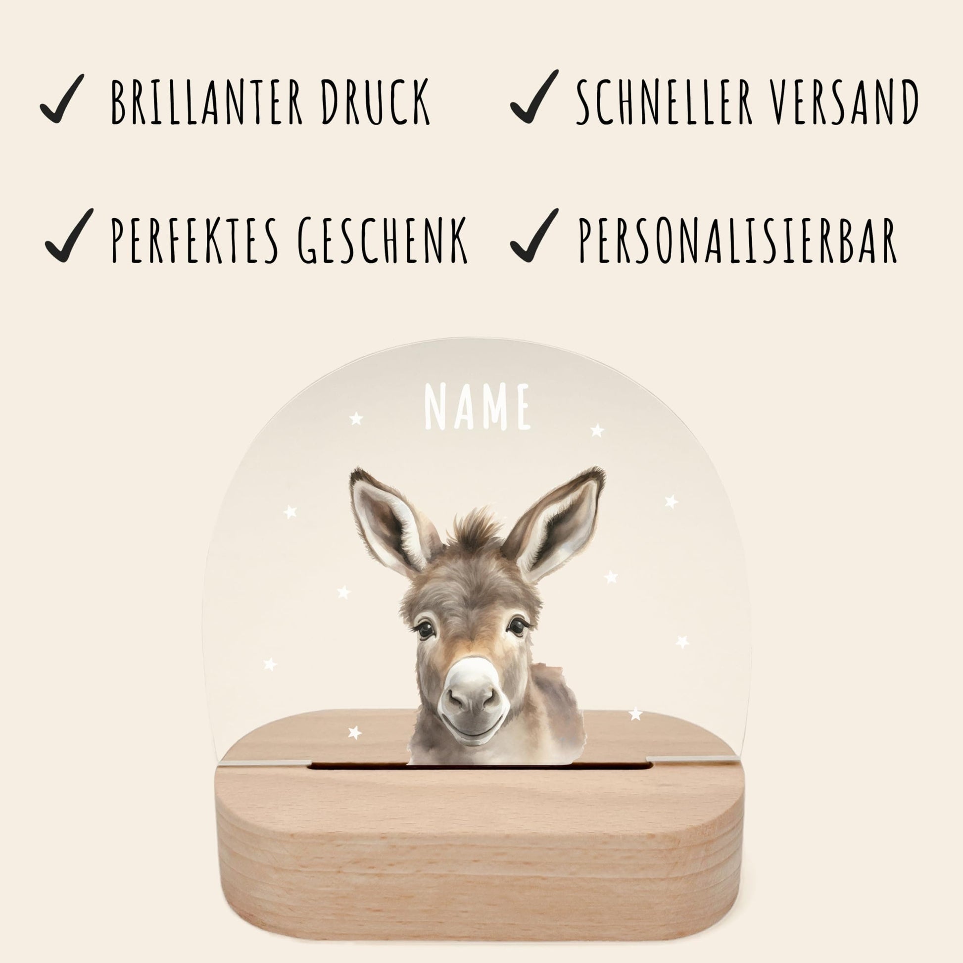 Nachtlicht personalisiert für Kinder & Baby Esel Babyzimmer Deko Kinderzimmer Nachtlampe Mädchen Jungen Inkl. Holzfuß und Netzteil