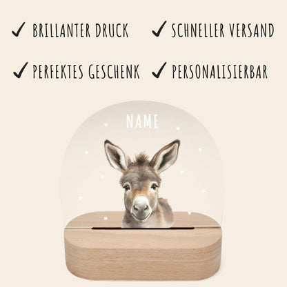 Nachtlicht personalisiert für Kinder & Baby Esel Babyzimmer Deko Kinderzimmer Nachtlampe Mädchen Jungen Inkl. Holzfuß und Netzteil