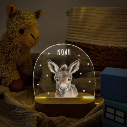 Nachtlicht personalisiert für Kinder & Baby Esel Babyzimmer Deko Kinderzimmer Nachtlampe Mädchen Jungen Inkl. Holzfuß und Netzteil