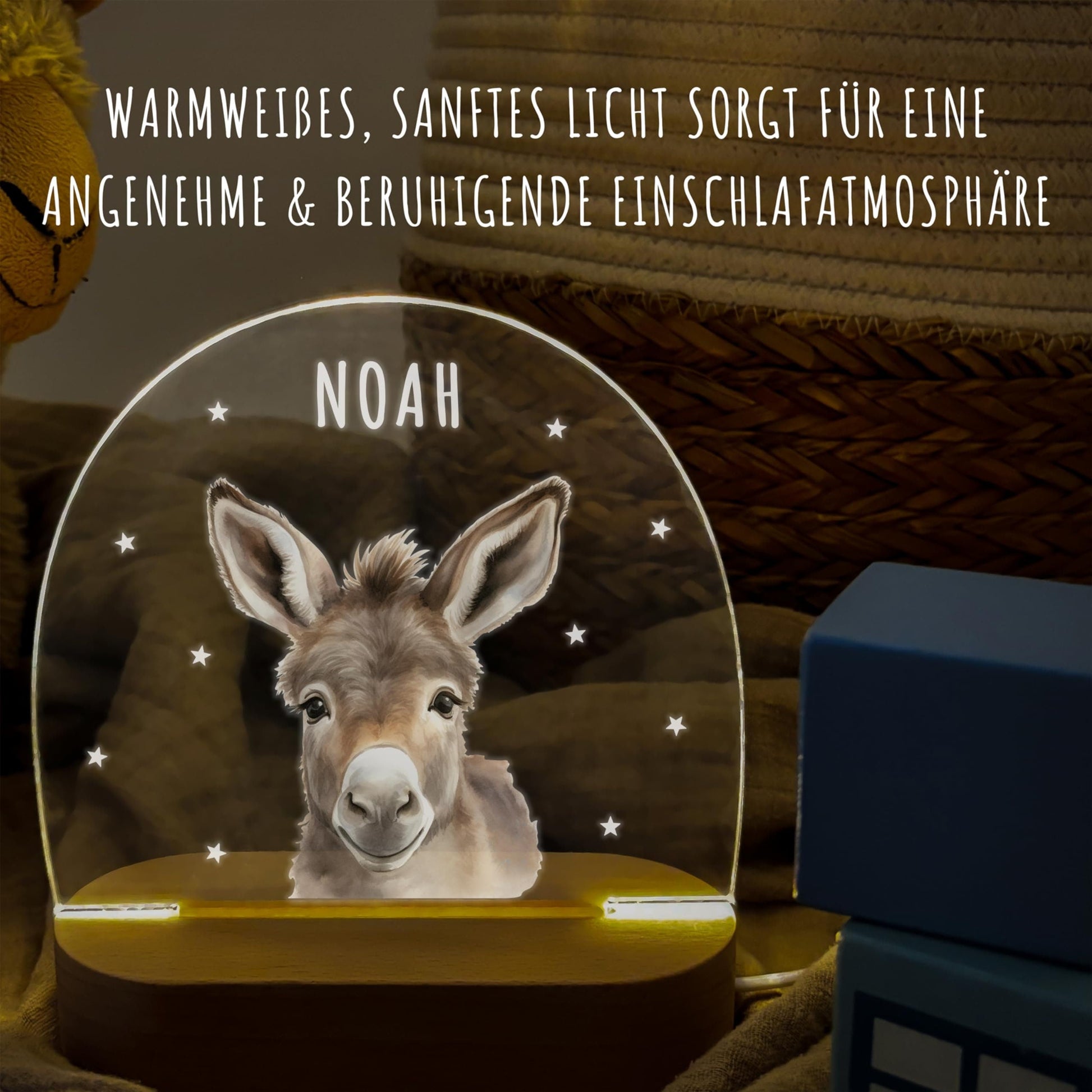 Nachtlicht personalisiert für Kinder & Baby Esel Babyzimmer Deko Kinderzimmer Nachtlampe Mädchen Jungen Inkl. Holzfuß und Netzteil