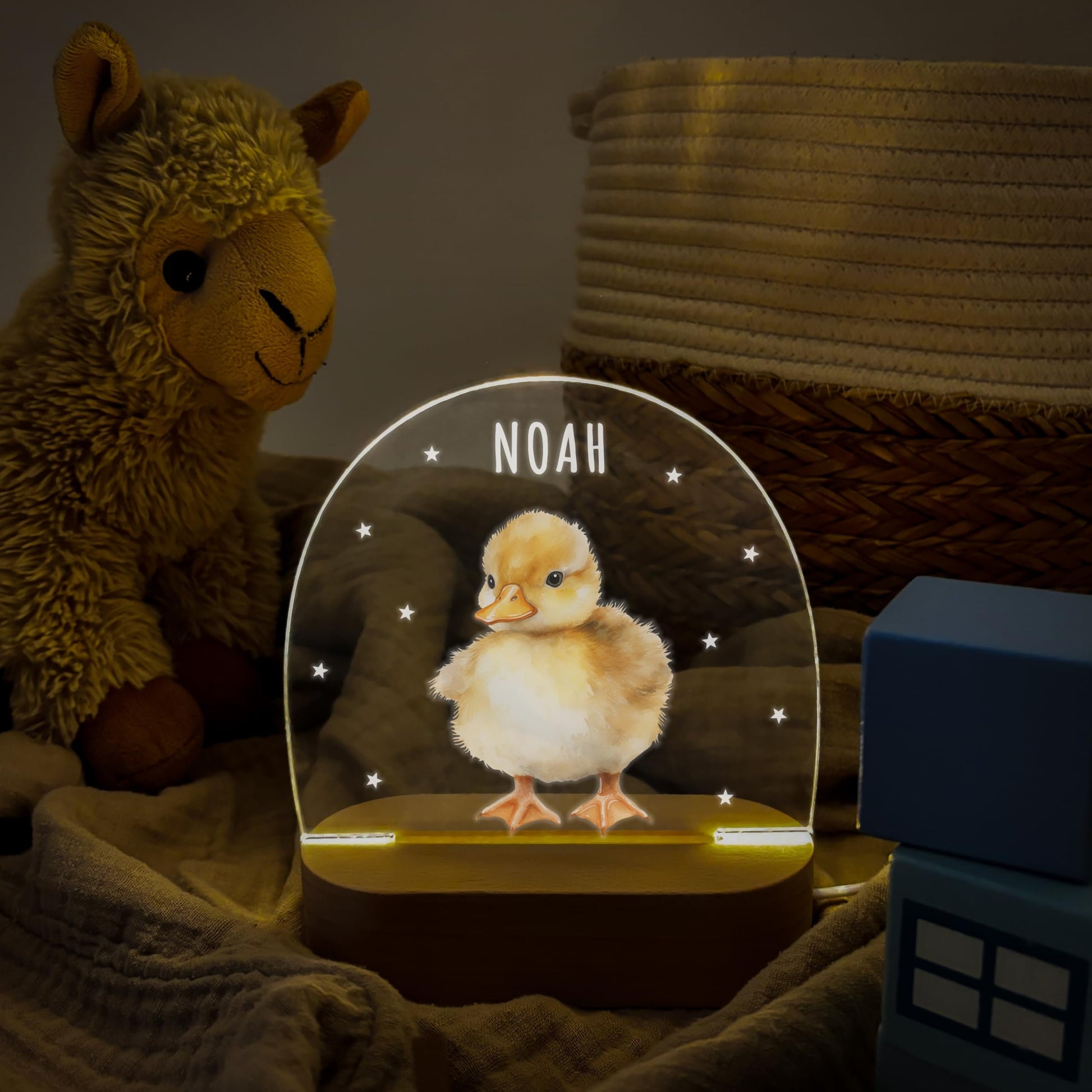 Nachtlicht personalisiert für Kinder & Baby Ente Babyzimmer Deko Kinderzimmer Nachtlampe Mädchen Jungen Inkl. Holzfuß und Netzteil