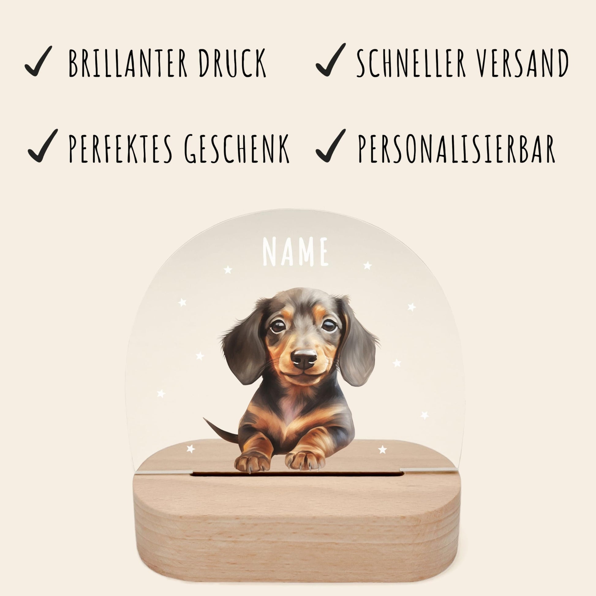 Nachtlicht personalisiert für Kinder & Baby Dackel Babyzimmer Deko Kinderzimmer Nachtlampe Mädchen Jungen Inkl. Holzfuß und Netzteil