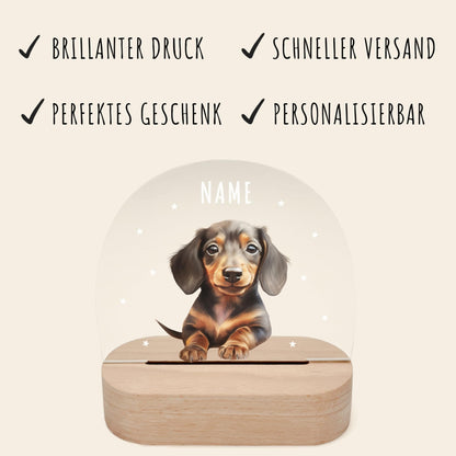 Nachtlicht personalisiert für Kinder & Baby Dackel Babyzimmer Deko Kinderzimmer Nachtlampe Mädchen Jungen Inkl. Holzfuß und Netzteil