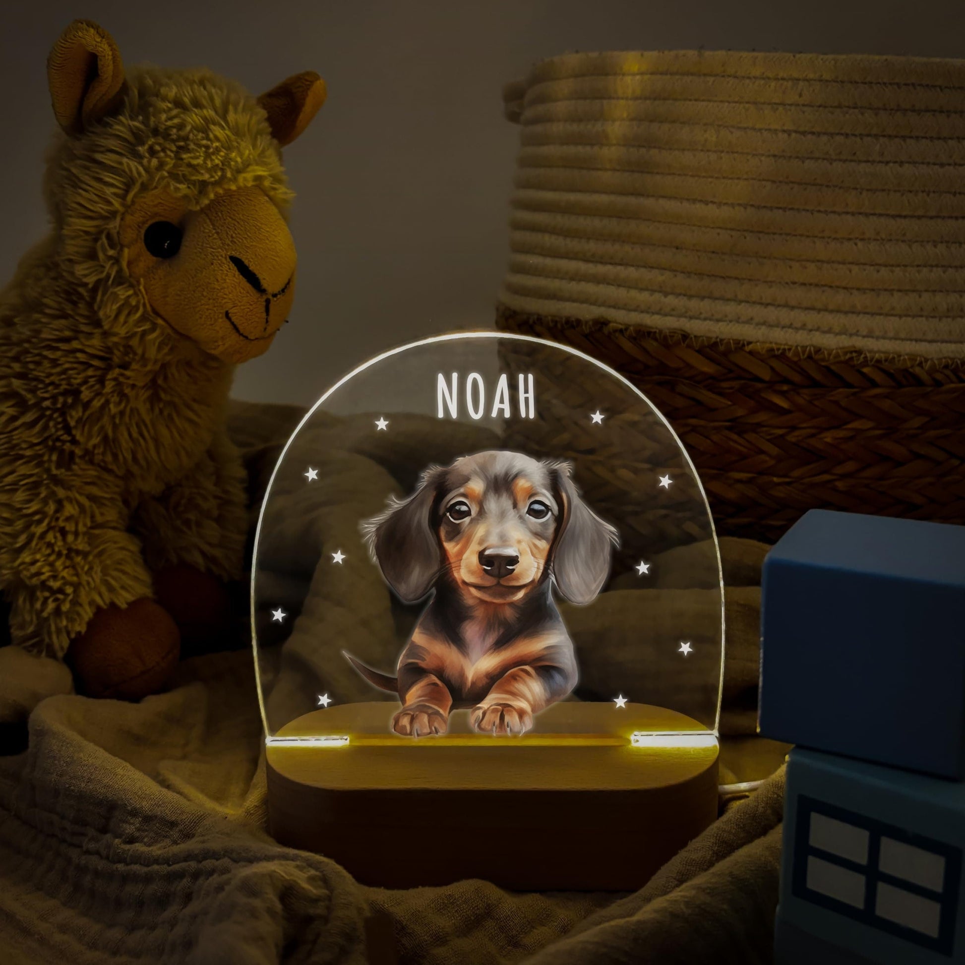 Nachtlicht personalisiert für Kinder & Baby Dackel Babyzimmer Deko Kinderzimmer Nachtlampe Mädchen Jungen Inkl. Holzfuß und Netzteil