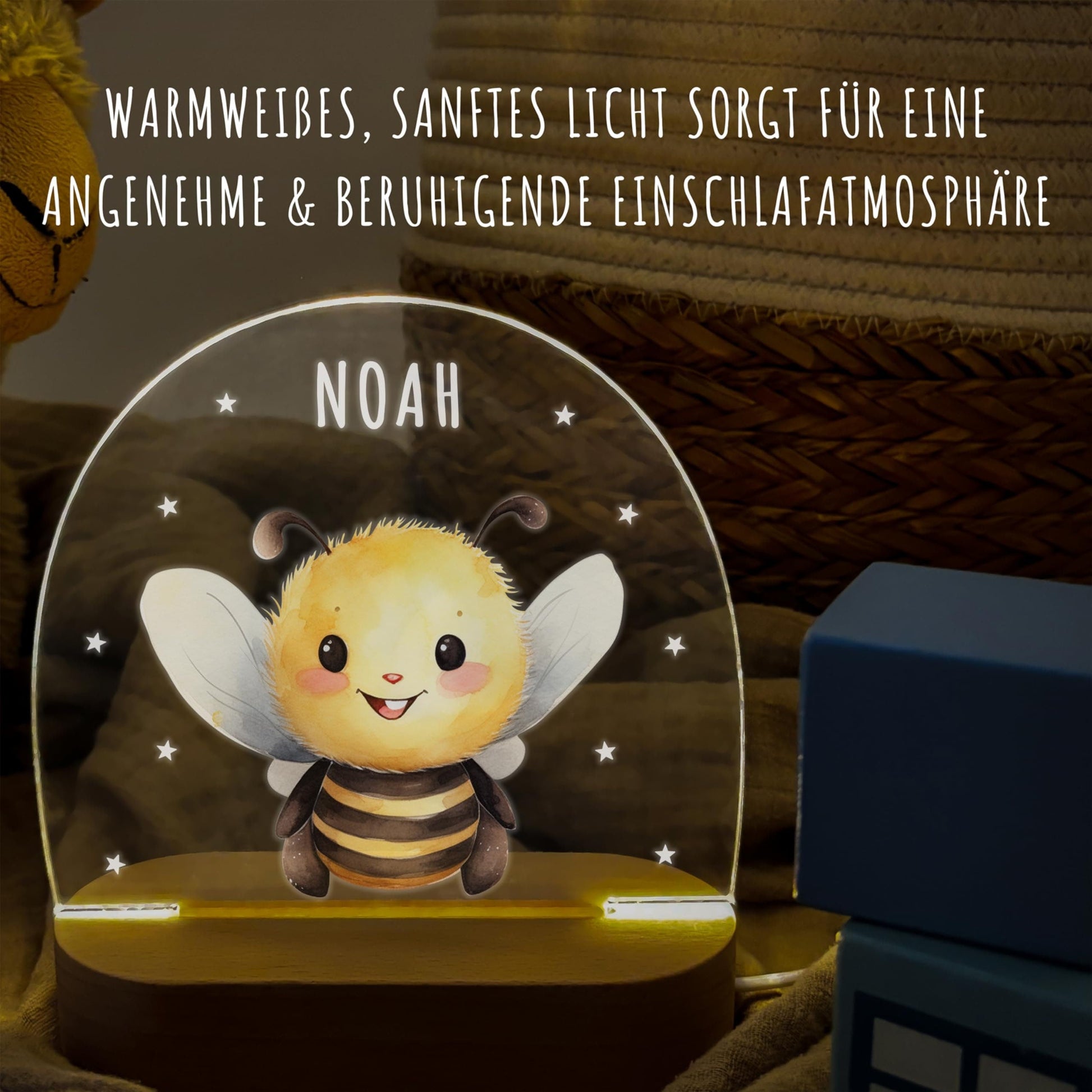 Nachtlicht personalisiert für Kinder & Baby Biene Babyzimmer Deko Kinderzimmer Nachtlampe Mädchen Jungen Inkl. Holzfuß und Netzteil