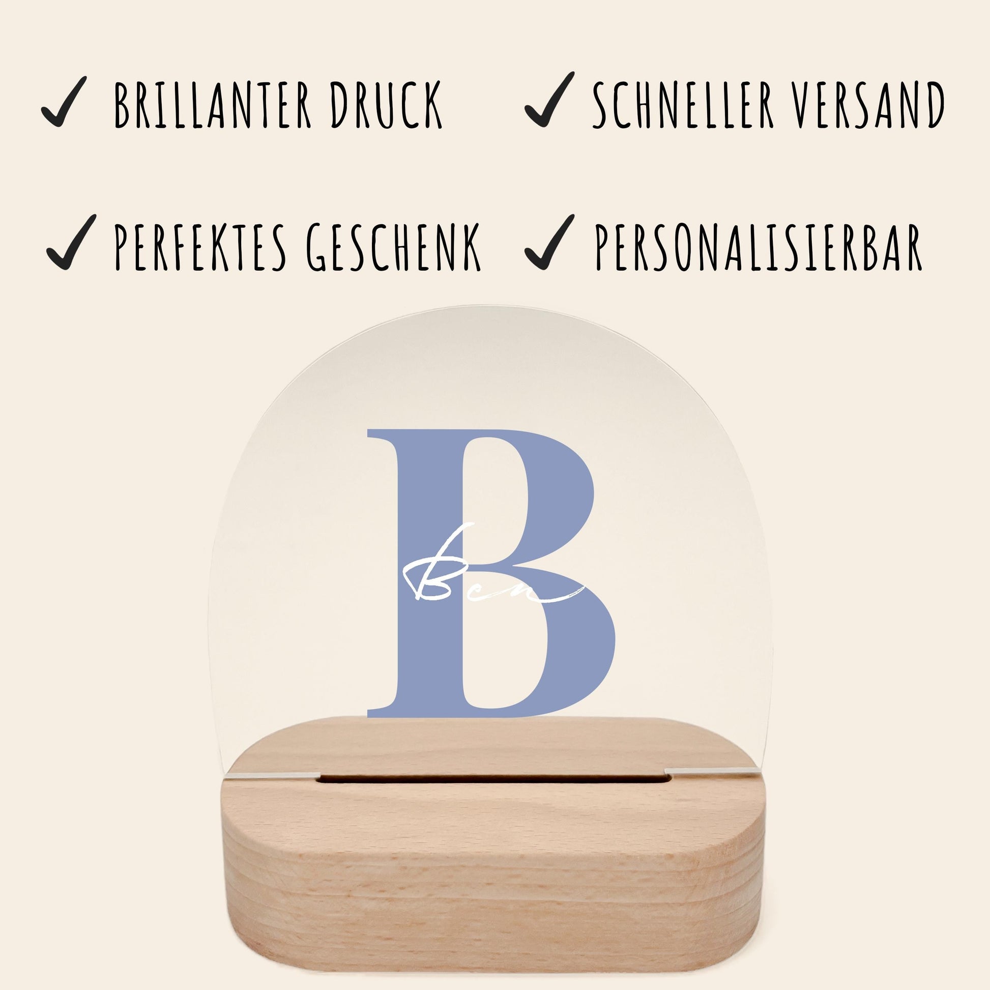 Buchstaben Nachtlicht Baby Kinder personalisiert Babyzimmer Kinderzimmer Nachtlampe Geschenk Geburt Inkl. Holzfuß & Netzteil (Blau)