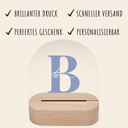 Buchstaben Nachtlicht Baby Kinder personalisiert Babyzimmer Kinderzimmer Nachtlampe Geschenk Geburt Inkl. Holzfuß & Netzteil (Blau)