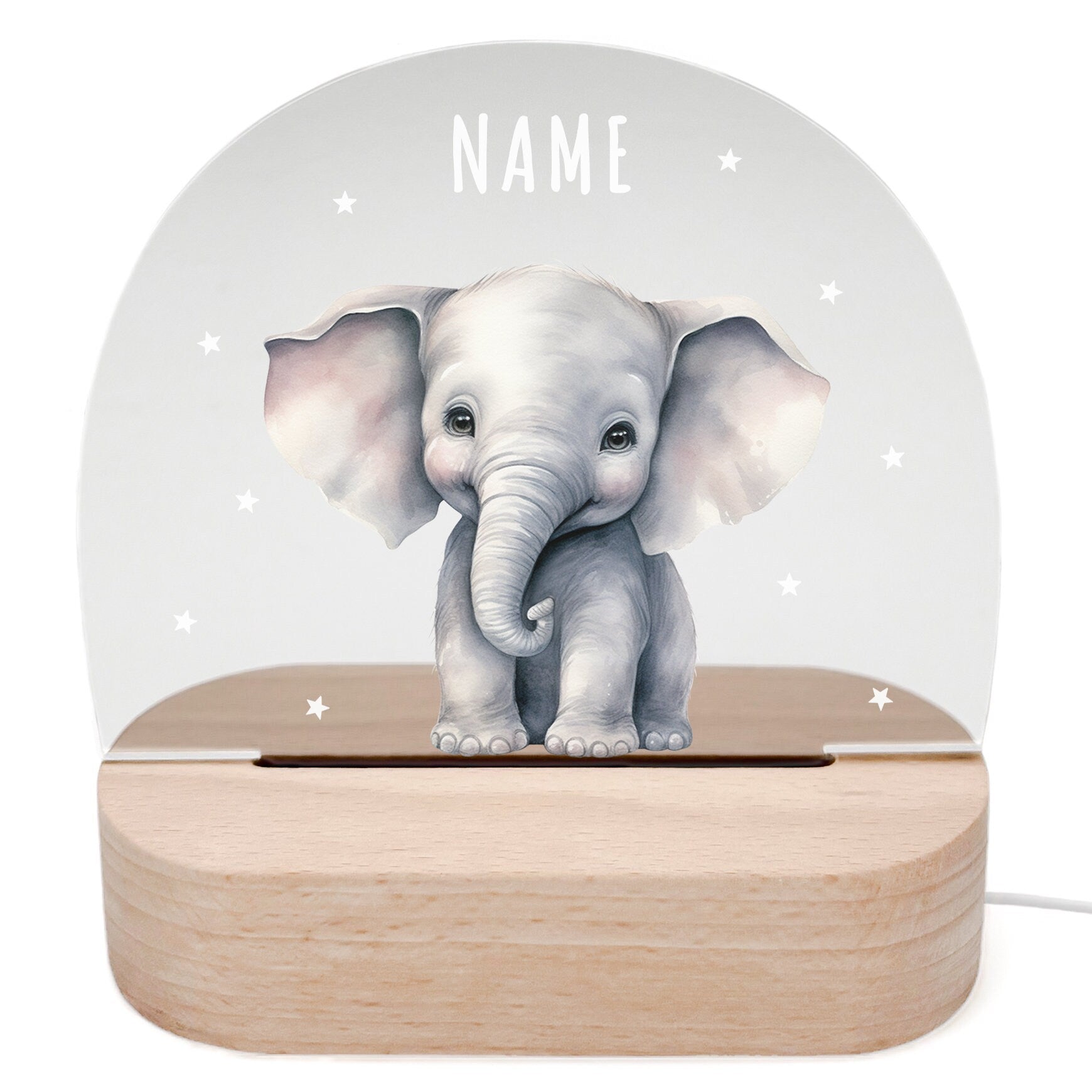 Nachtlicht personalisiert für Kinder & Baby Elefant Babyzimmer Deko Kinderzimmer Nachtlampe Mädchen Jungen Inkl. Holzfuß und Netzteil