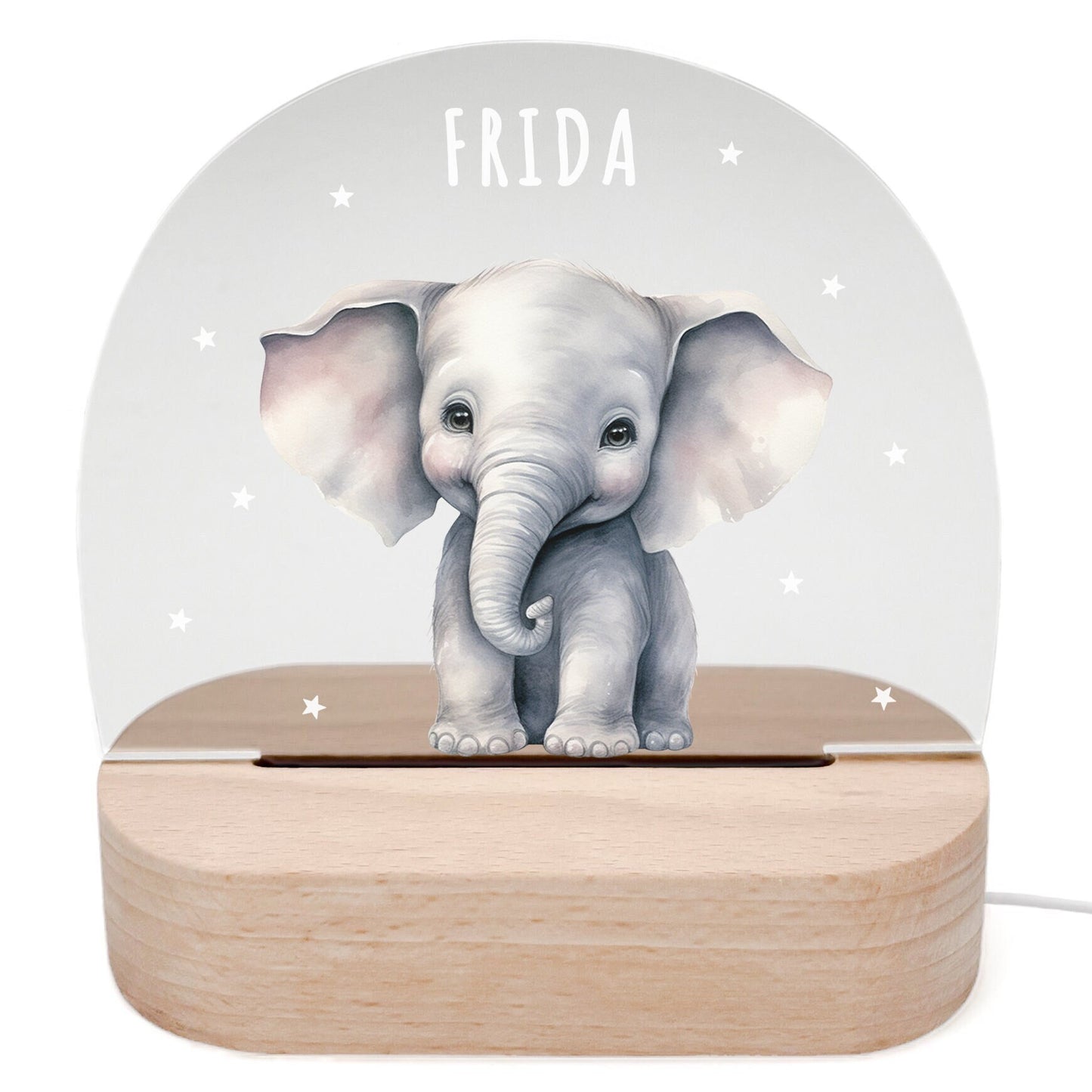 Nachtlicht personalisiert für Kinder & Baby Elefant Babyzimmer Deko Kinderzimmer Nachtlampe Mädchen Jungen Inkl. Holzfuß und Netzteil