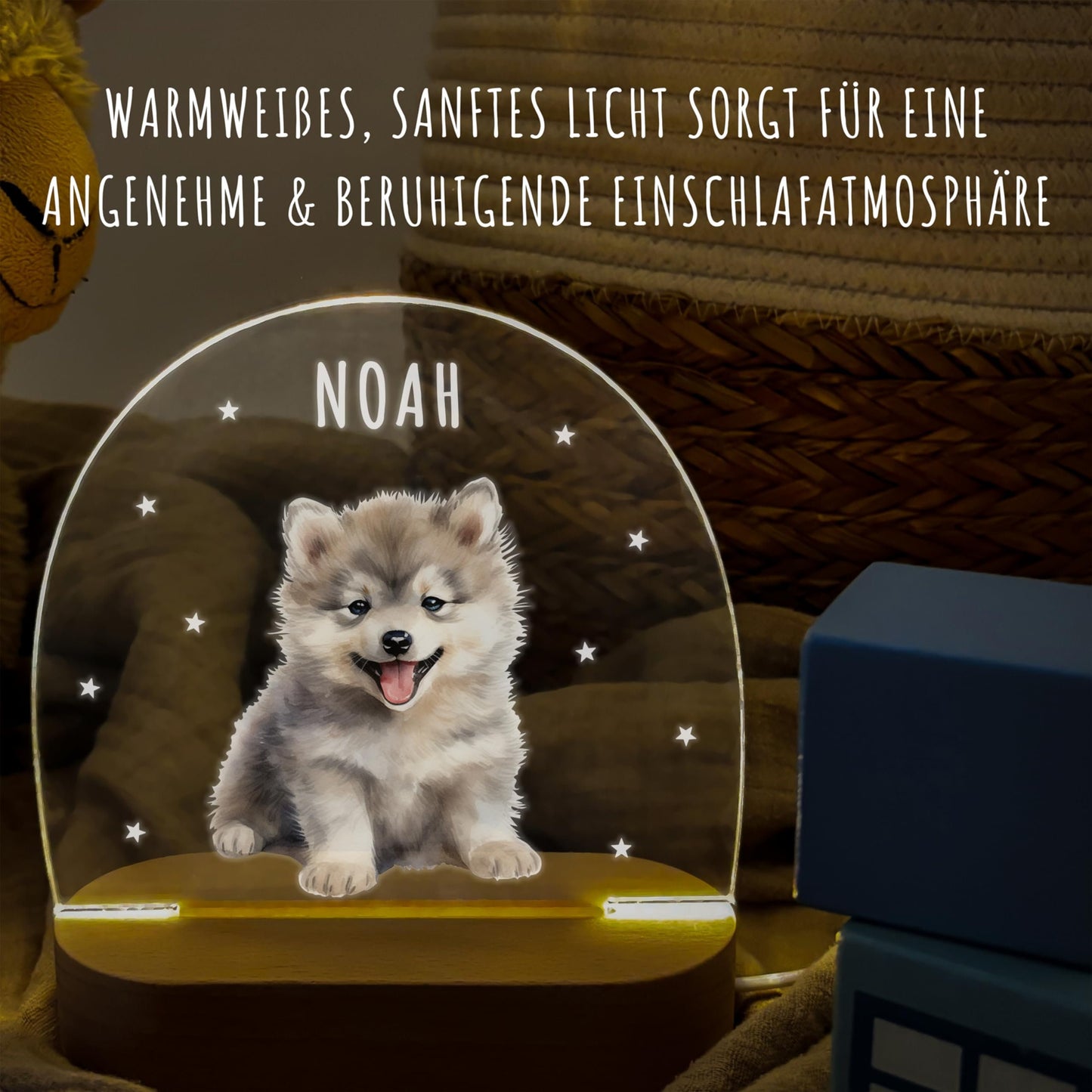 Nachtlicht personalisiert für Kinder & Baby Wolf Babyzimmer Deko Kinderzimmer Nachtlampe Mädchen Jungen Inkl. Holzfuß und Netzteil