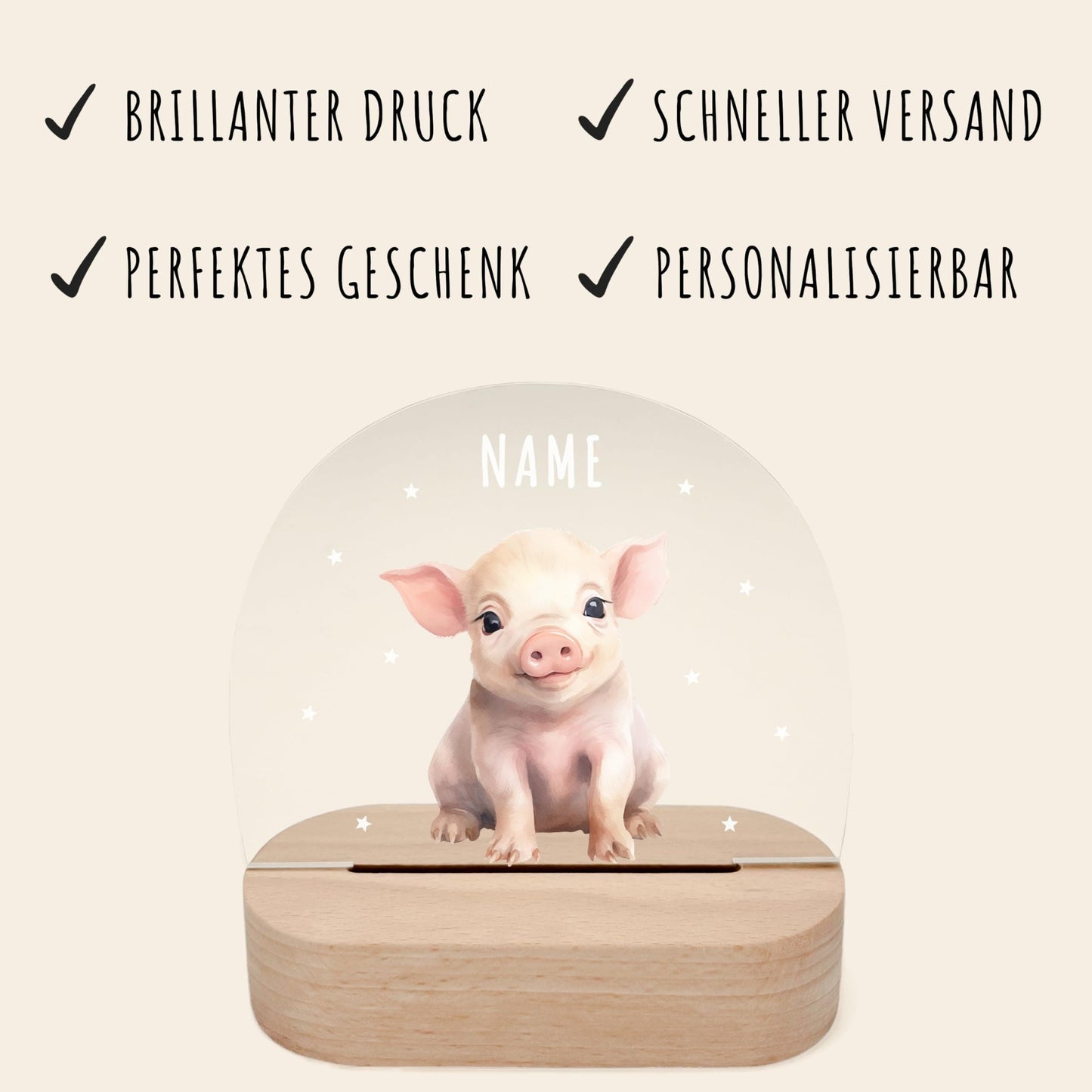 Nachtlicht personalisiert für Kinder & Baby Schwein Babyzimmer Deko Kinderzimmer Nachtlampe Mädchen Jungen Inkl. Holzfuß und Netzteil