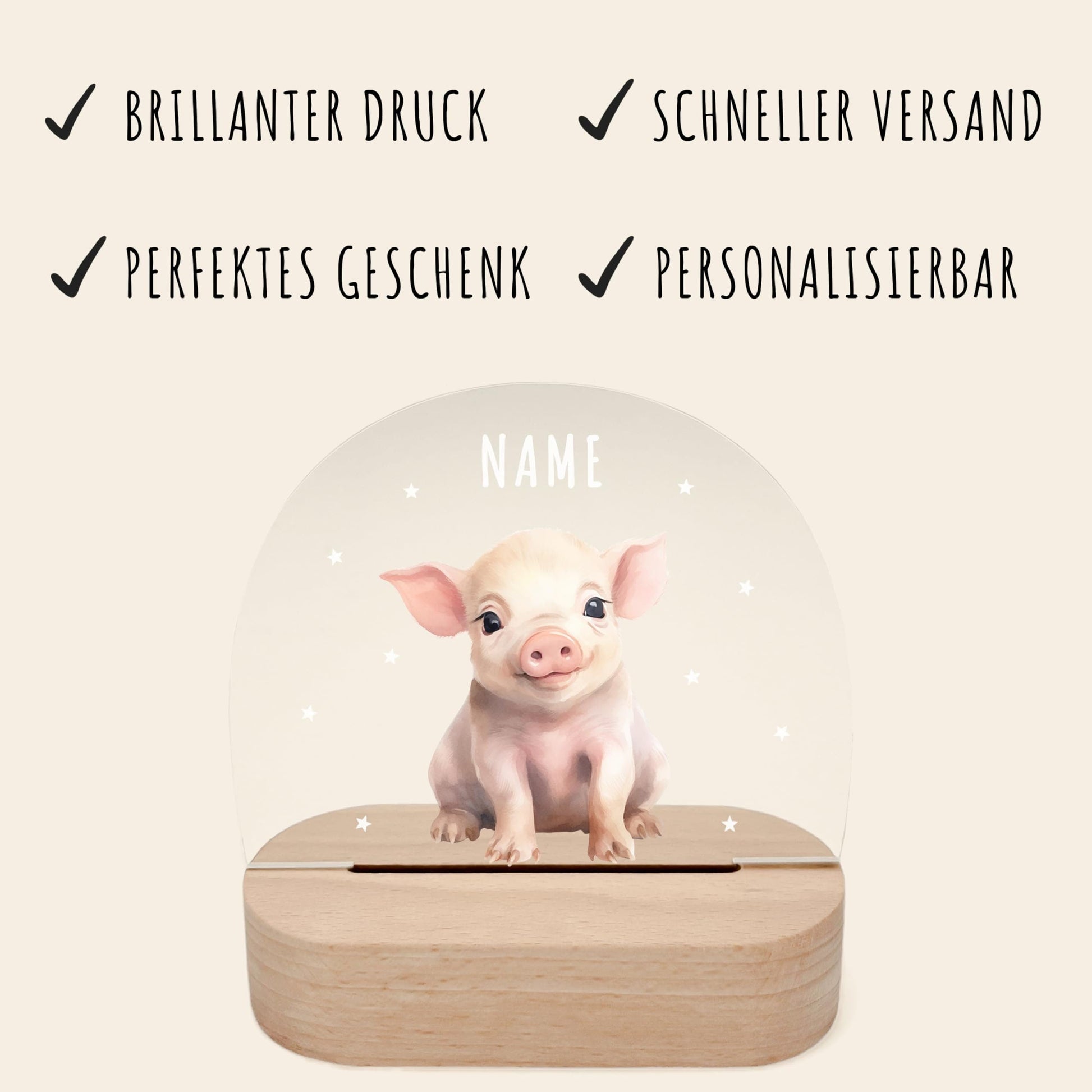 Nachtlicht personalisiert für Kinder & Baby Schwein Babyzimmer Deko Kinderzimmer Nachtlampe Mädchen Jungen Inkl. Holzfuß und Netzteil