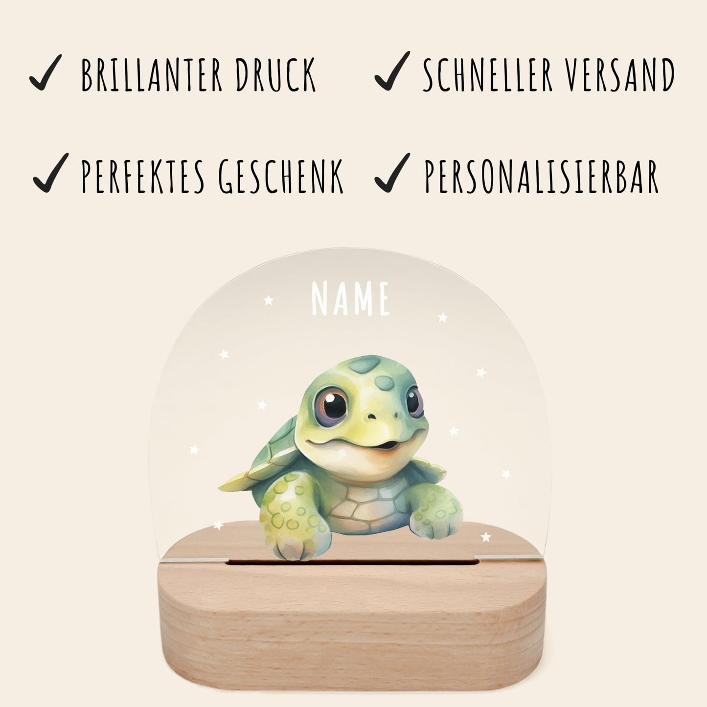 Nachtlicht personalisiert für Kinder & Baby Schildkröte Babyzimmer Deko Kinderzimmer Nachtlampe Mädchen Jungen Inkl. Holzfuß und Netzteil