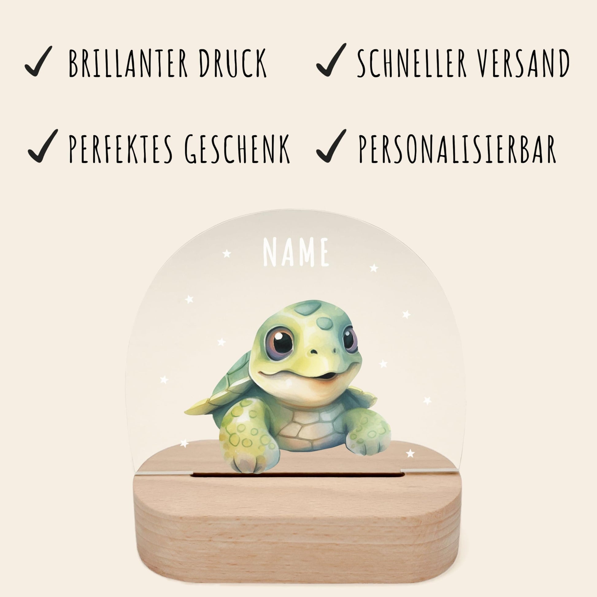 Nachtlicht personalisiert für Kinder & Baby Schildkröte Babyzimmer Deko Kinderzimmer Nachtlampe Mädchen Jungen Inkl. Holzfuß und Netzteil