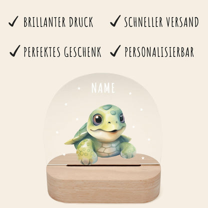 Nachtlicht personalisiert für Kinder & Baby Schildkröte Babyzimmer Deko Kinderzimmer Nachtlampe Mädchen Jungen Inkl. Holzfuß und Netzteil