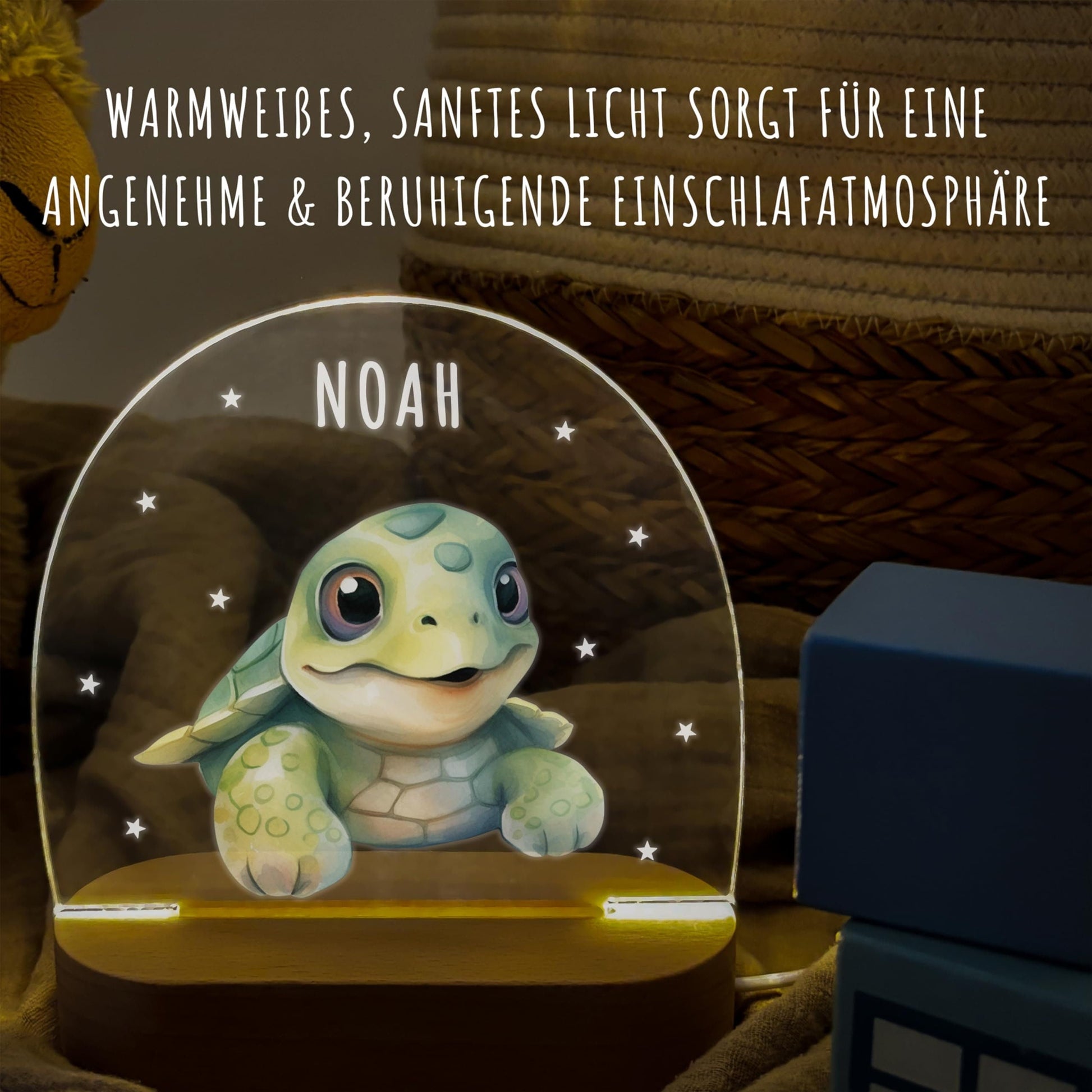 Nachtlicht personalisiert für Kinder & Baby Schildkröte Babyzimmer Deko Kinderzimmer Nachtlampe Mädchen Jungen Inkl. Holzfuß und Netzteil